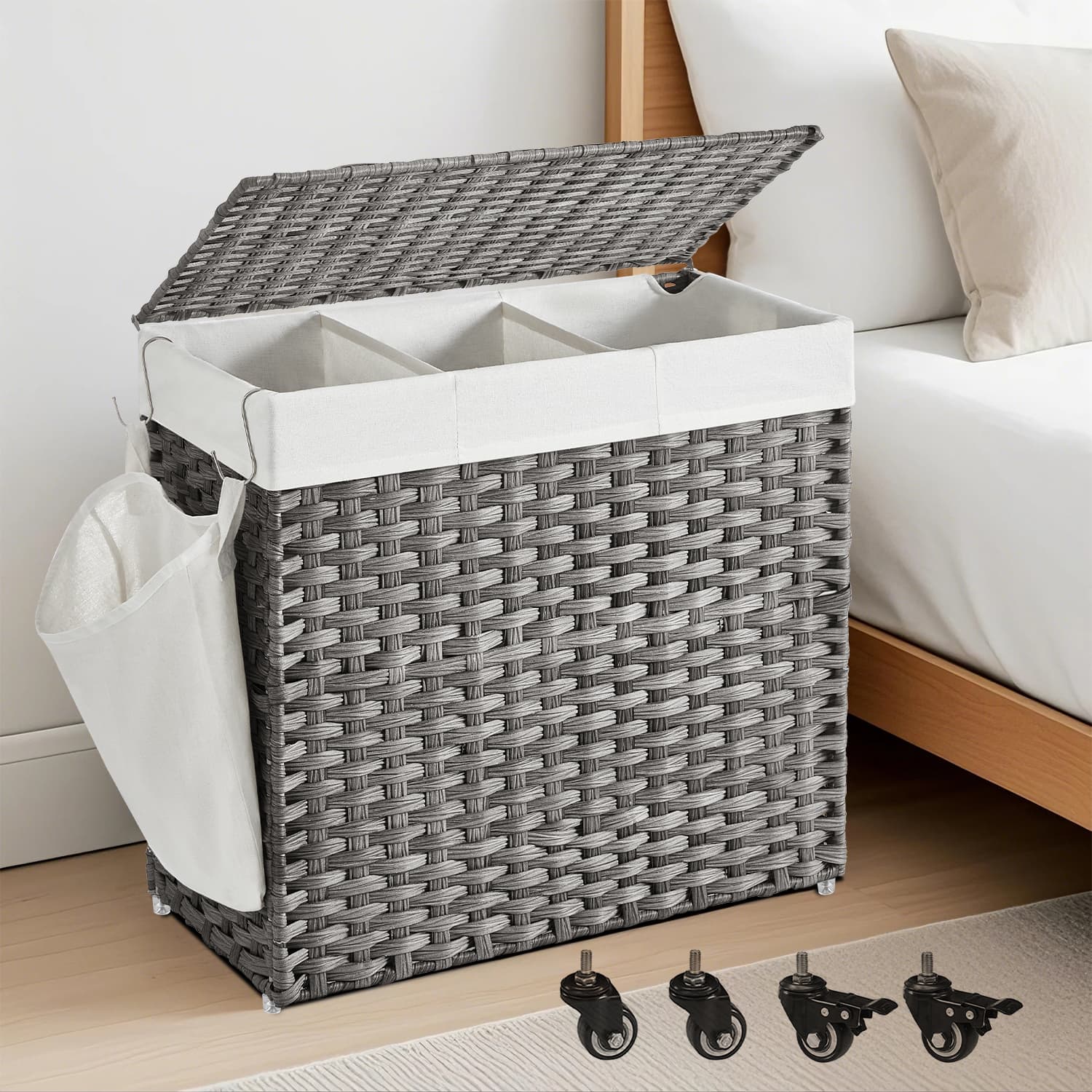 Laundry Hamper - VERRA Rolling Basket with Lid and Wheels 140L - Grey - Indigo Home