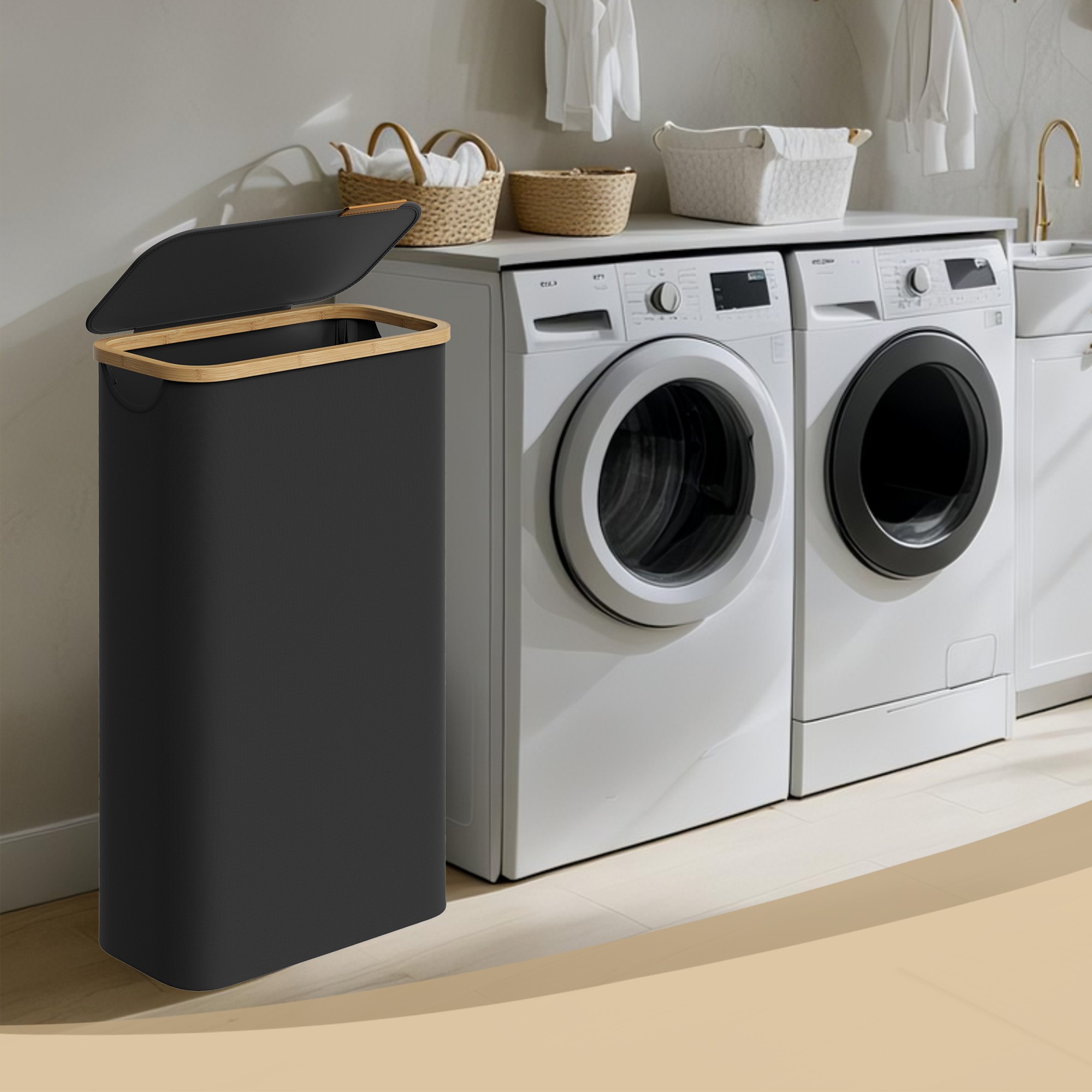 Laundry Basket - VERRA Slim Hamper with Lid 65L - Black - Indigo Home