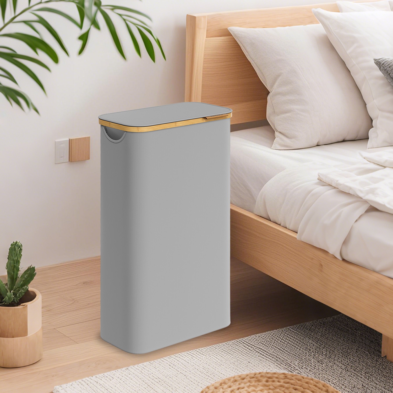 Laundry Basket - VERRA Slim Hamper with Lid 65L - Grey - Indigo Home