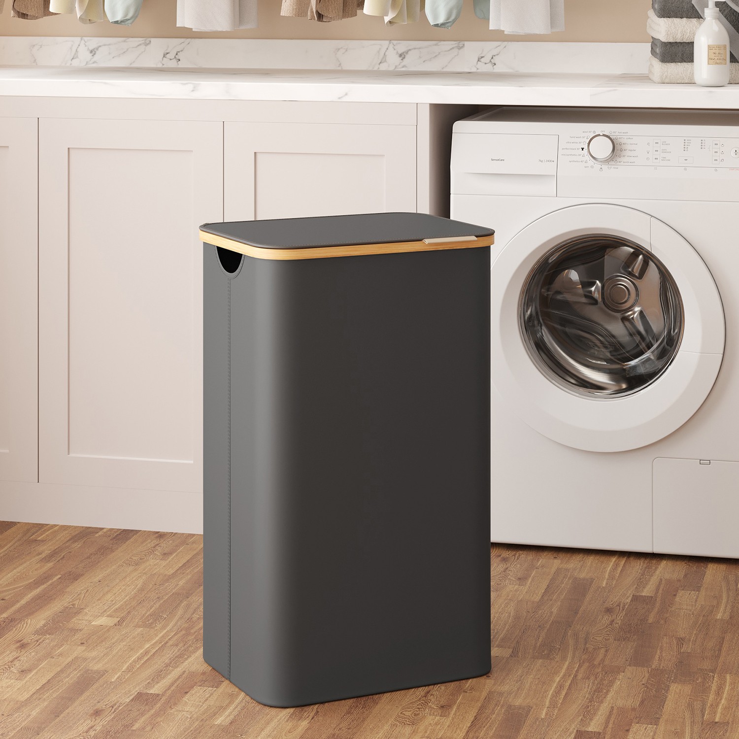 Laundry Hamper - VERRA Large Basket with Lid 90L - Black - Indigo Home