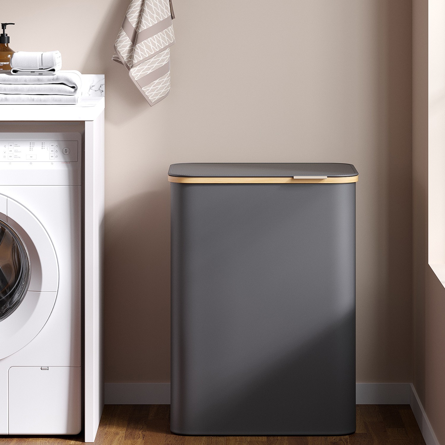 Laundry Basket - VERRA 2-Section Large Hamper with Lid 130L - Black - Indigo Home