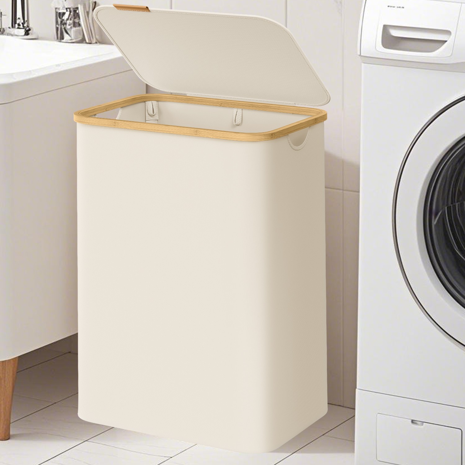 Laundry Basket - VERRA 2-Section Large Hamper with Lid 130L - White - Indigo Home