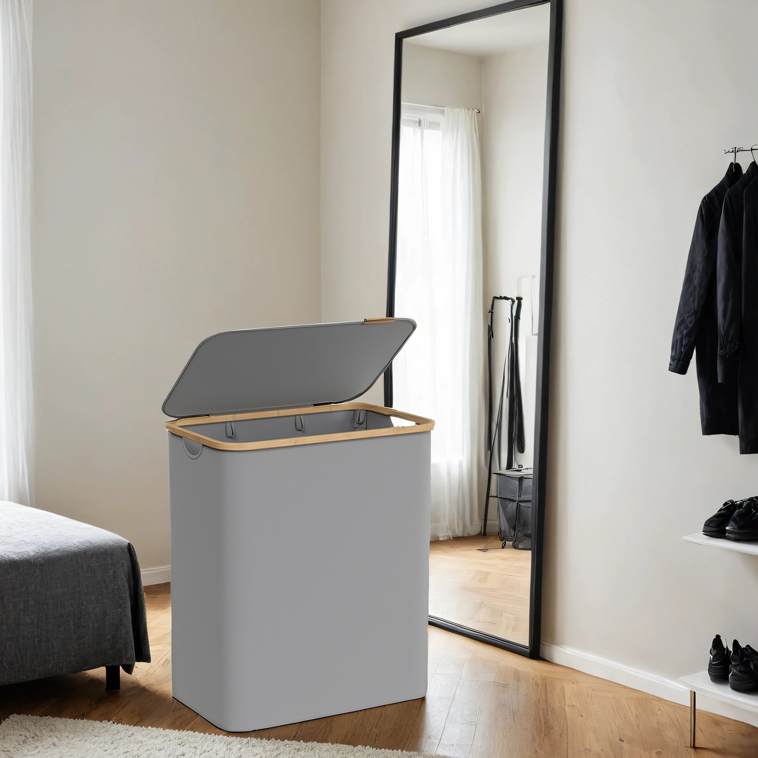 Laundry Basket - VERRA 3-Section Large Hamper with Lid 150L - Grey - Indigo Home