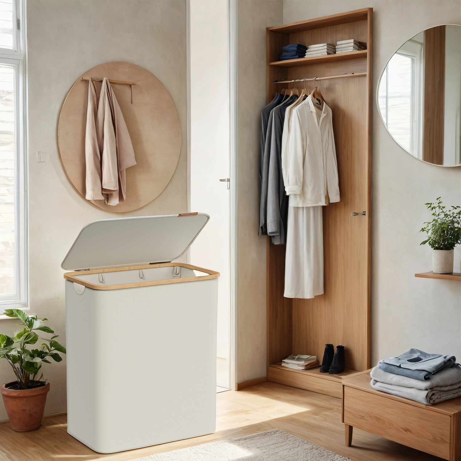 Laundry Basket - VERRA 3-Section Large Hamper with Lid 150L - White - Indigo Home