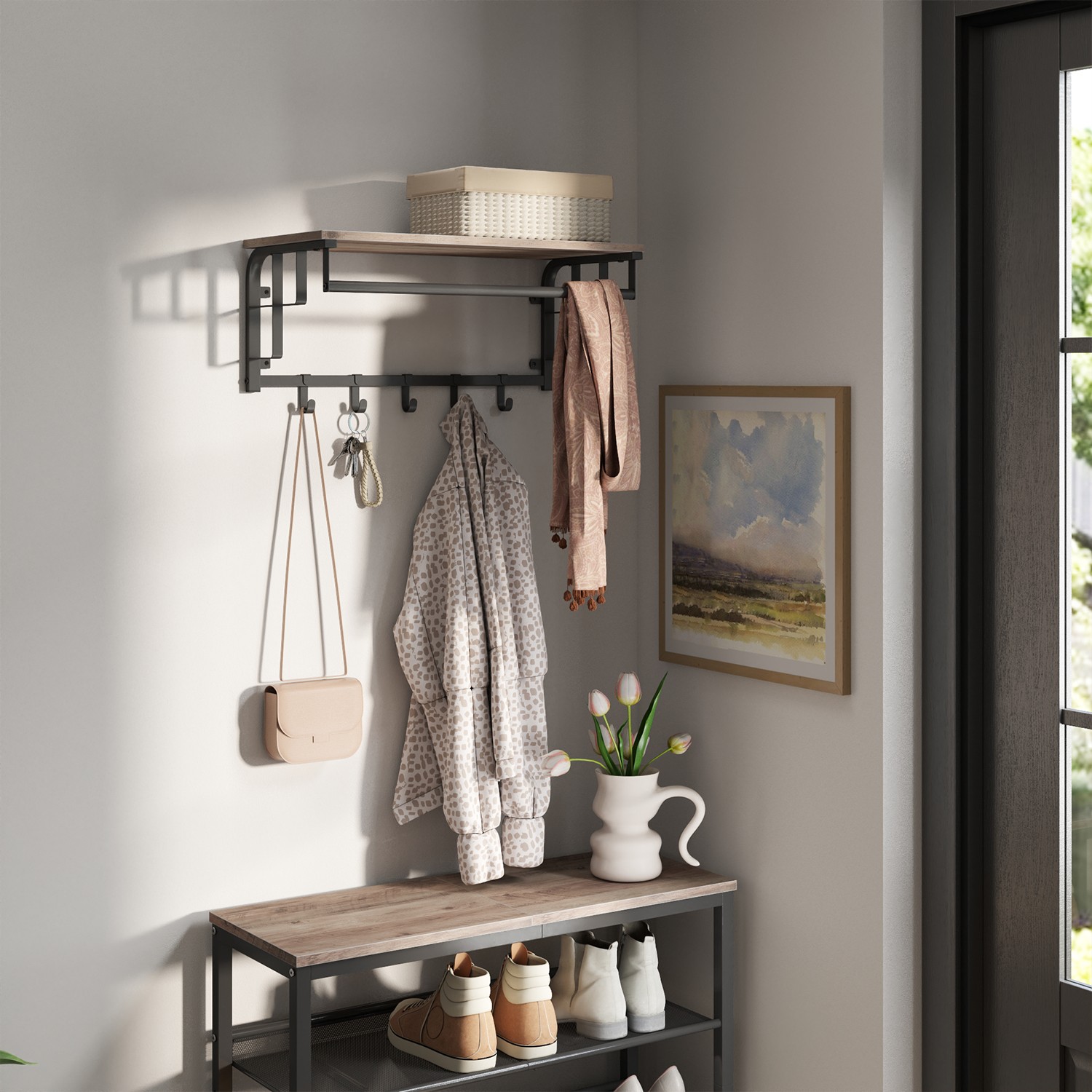 Coat Rack - VERRA Wall Mounted Clothes Rail with 5 Removable Hooks and Shelf - Light Wood - Indigo Home