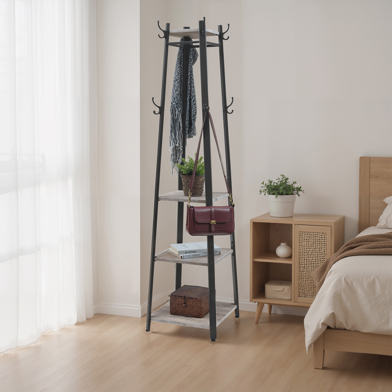 Coat Rack - VERRA Free Standing Hall Tree with 3 Shelves and Hook - Black - Indigo Home