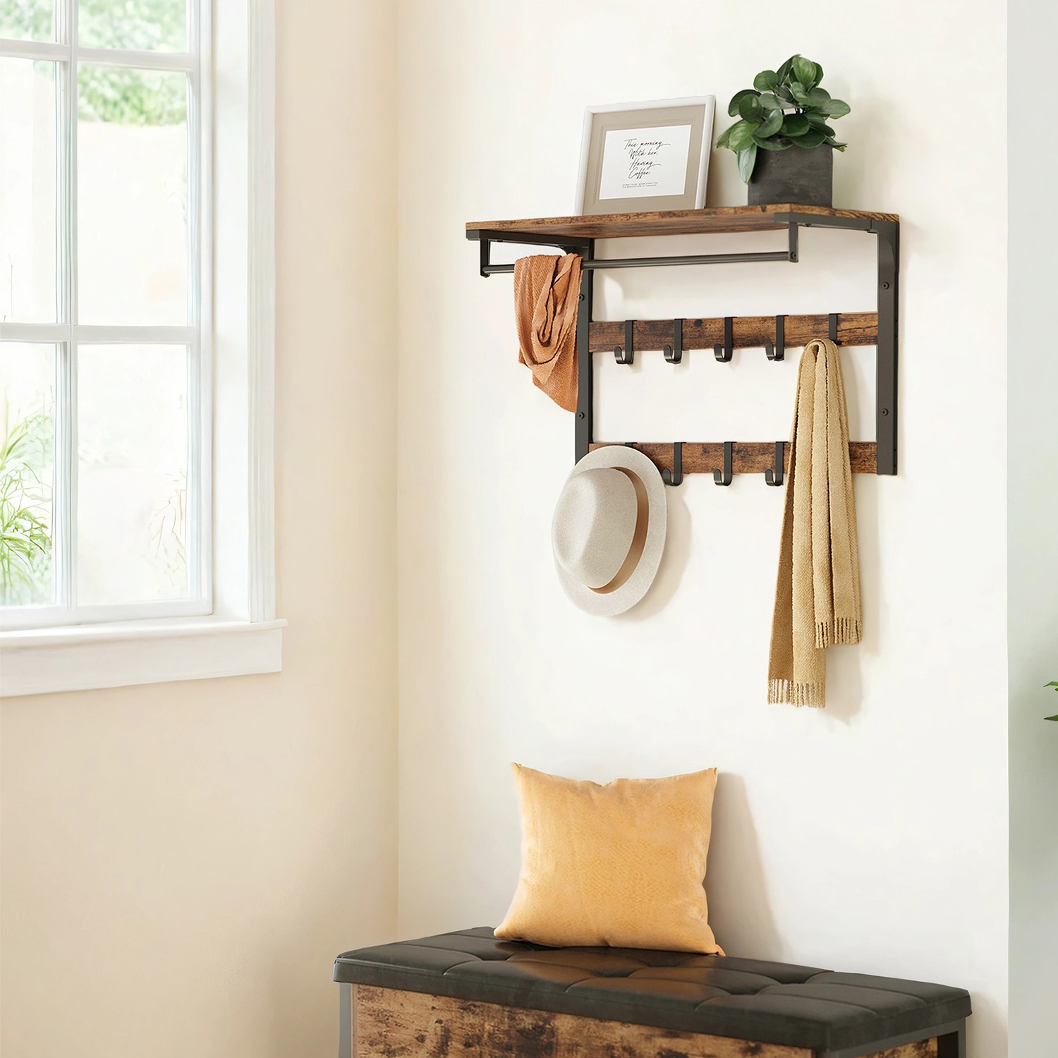 Coat Rack - VERRA Wall Shelf with 10 Hooks and Clothes Rail - Rustic Brown and Black - Indigo Home