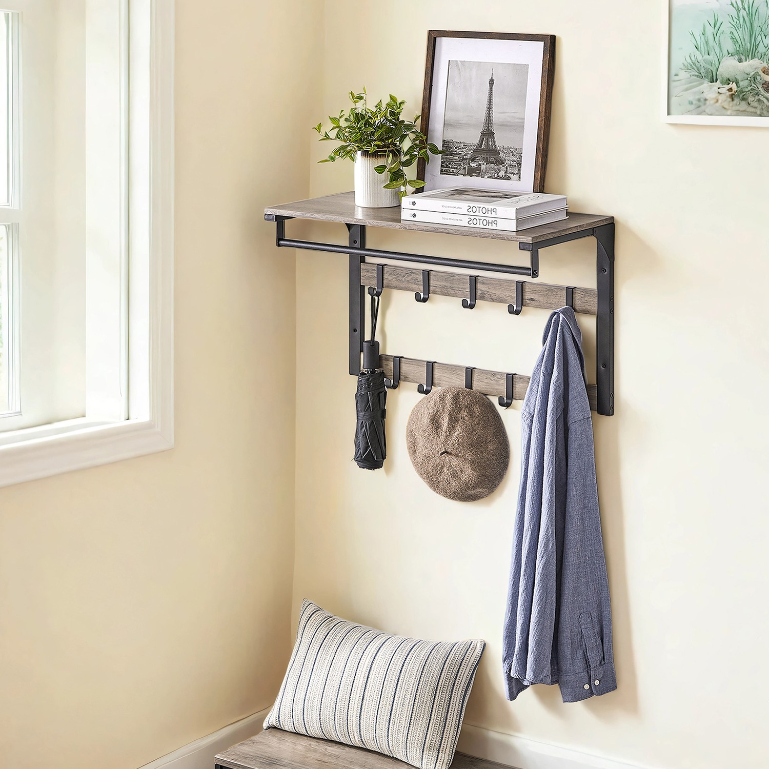 Coat Rack - VERRA Wall Shelf with 10 Hooks and Clothes Rail - Greige and Black - Indigo Home