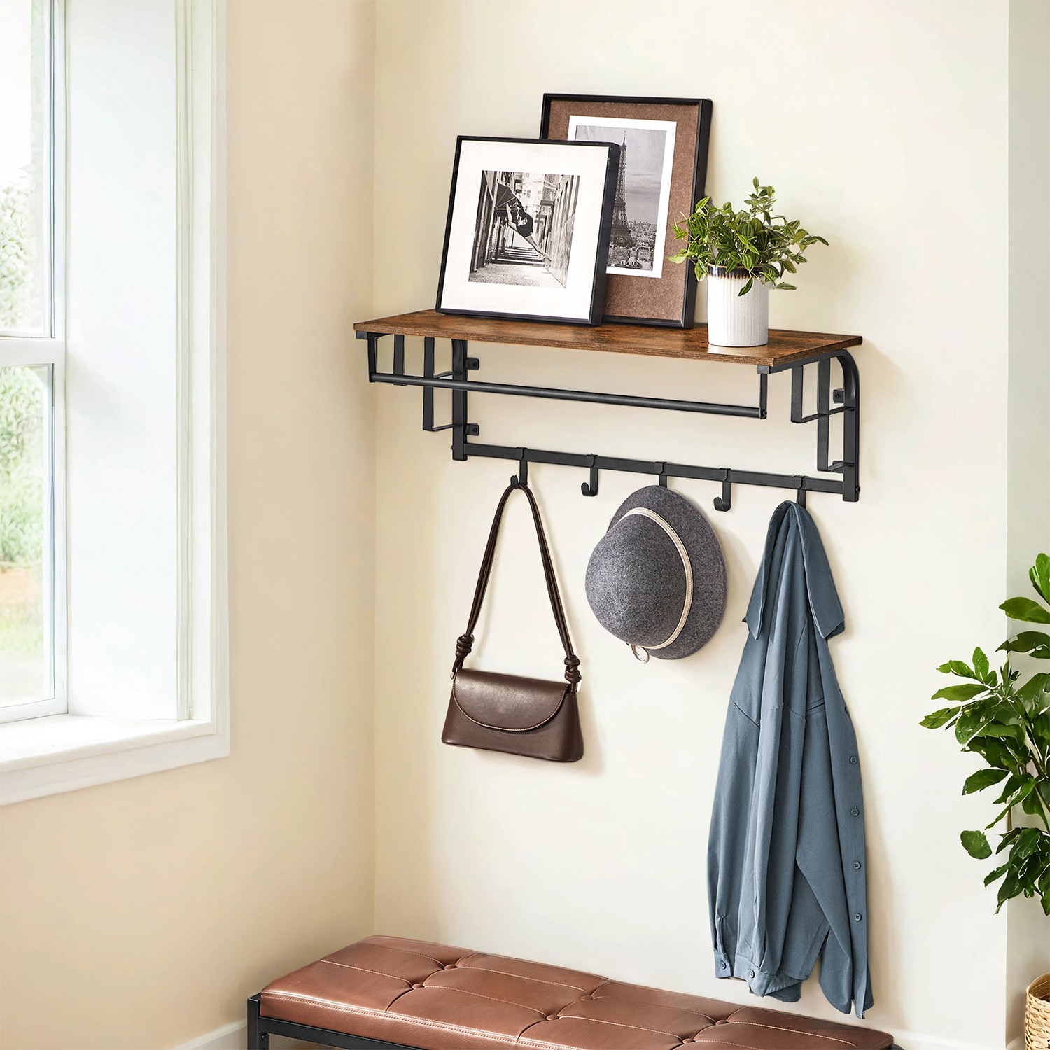 Coat Rack - VERRA Wall Mounted Clothes Rail with 5 Removable Hooks and Shelf - Rustic Brown - Indigo Home