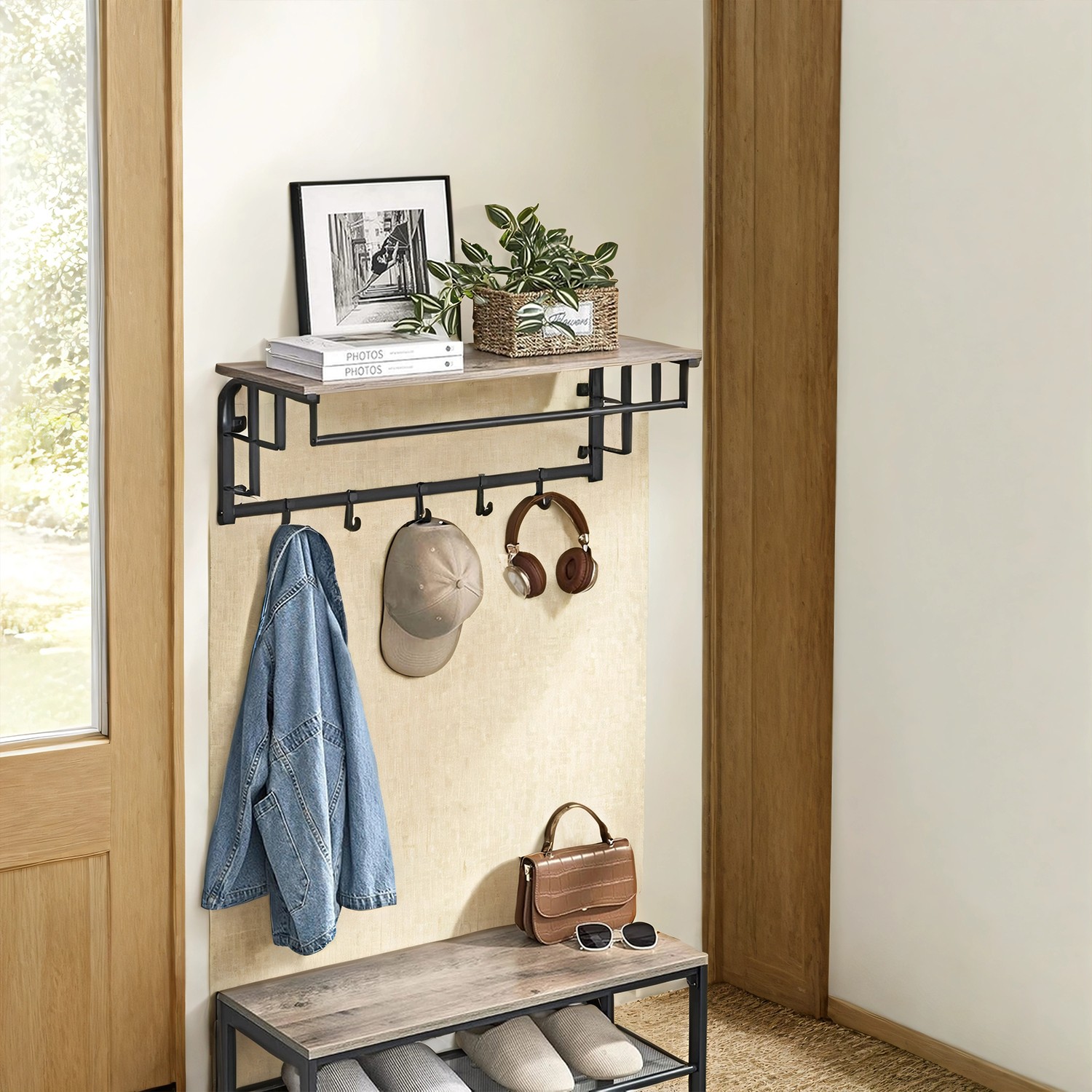 Coat Rack - VERRA Wall Mounted Clothes Rail with 5 Removable Hooks and Shelf - Grey - Indigo Home