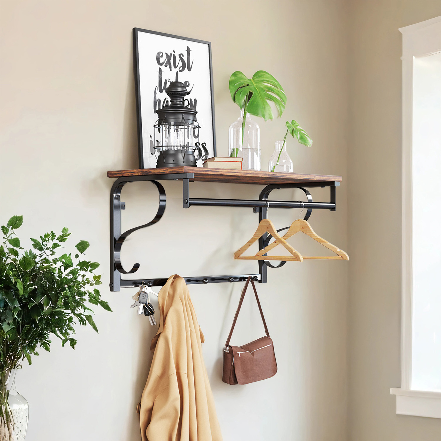 Coat Rack - VERRA Industrial Wall Mounted Shelf with 5 Hooks and Hanging Rail - Brown Black - Indigo Home