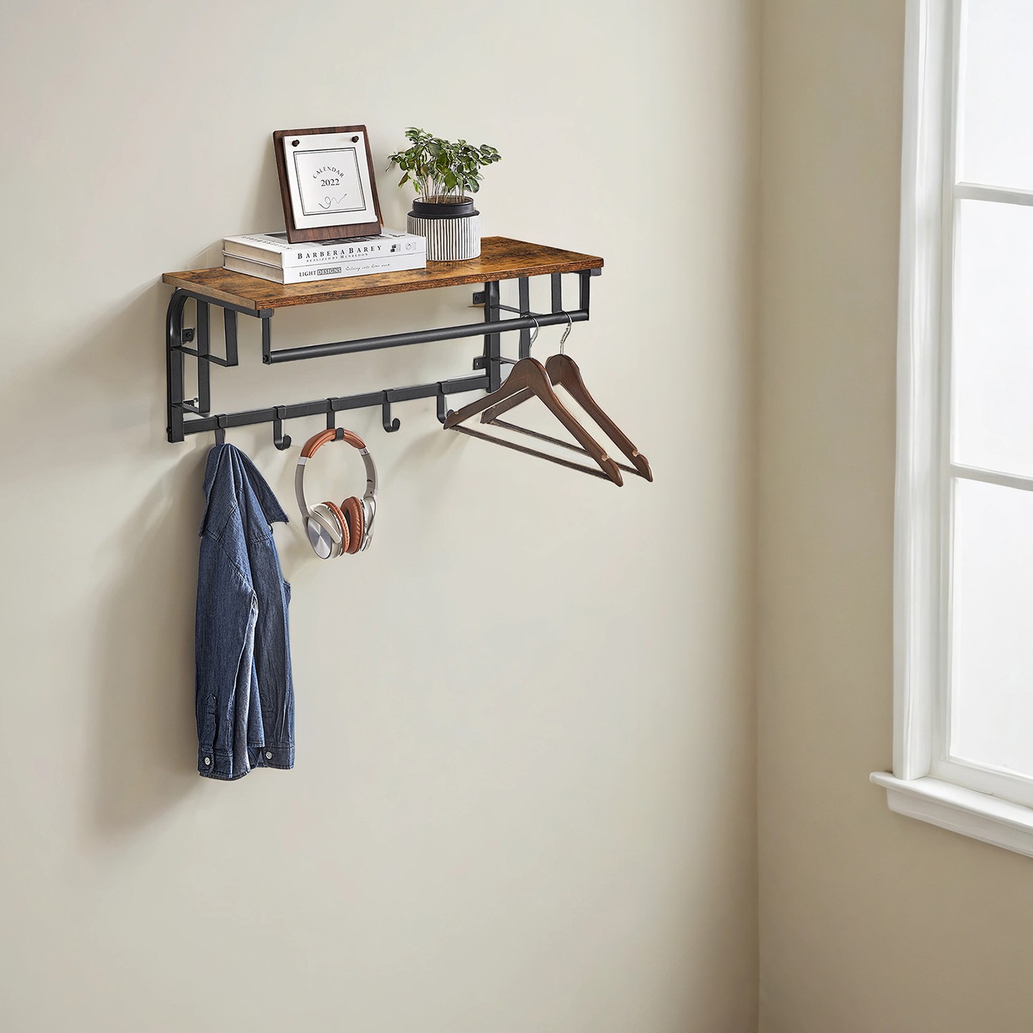 Coat Rack - VERRA Wall Mounted Clothes Rail with 5 Removable Hooks and Shelf - Brown - Indigo Home