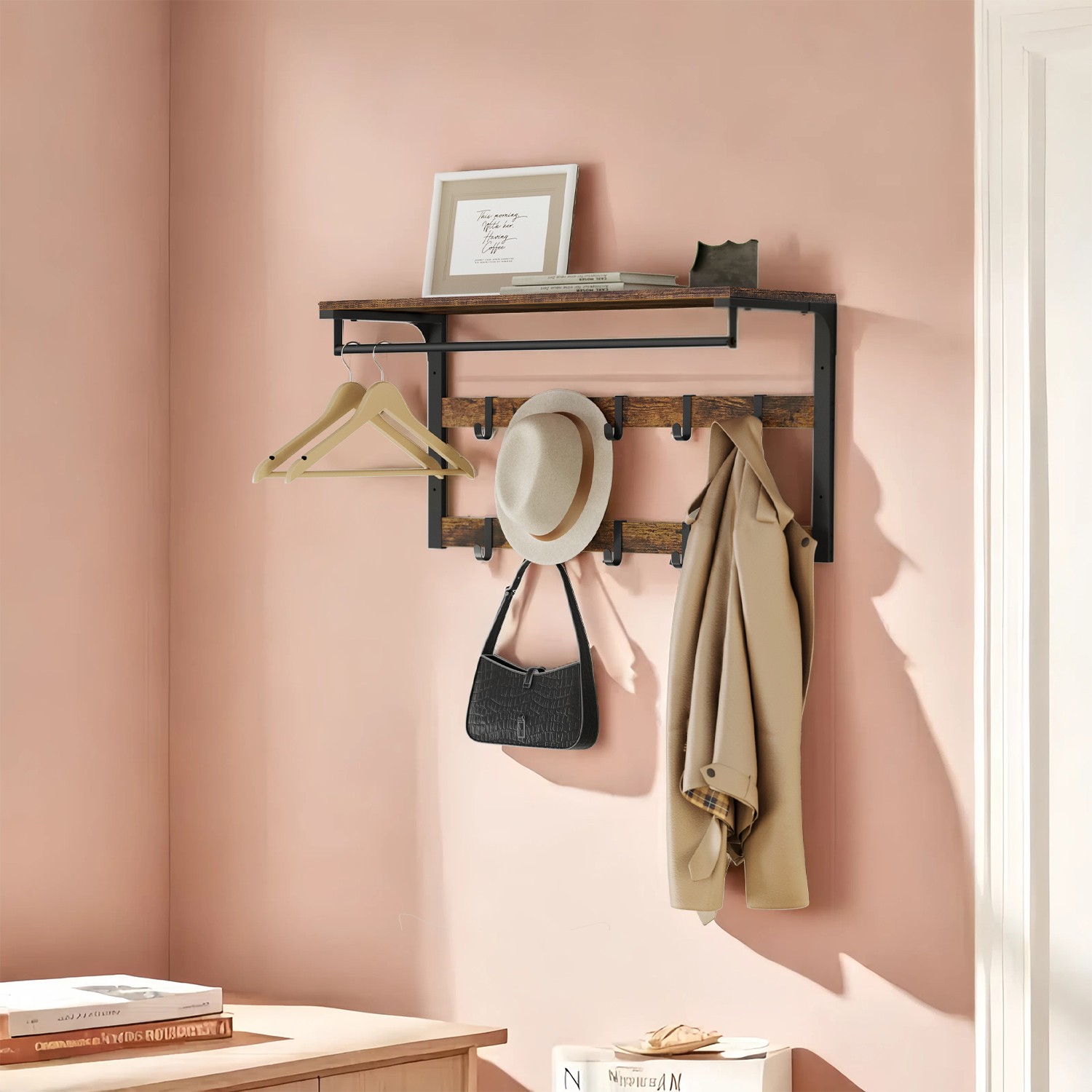 Coat Rack - VERRA Wall Shelf with 10 Hooks and Clothes Rail - Rustic Brown - Indigo Home