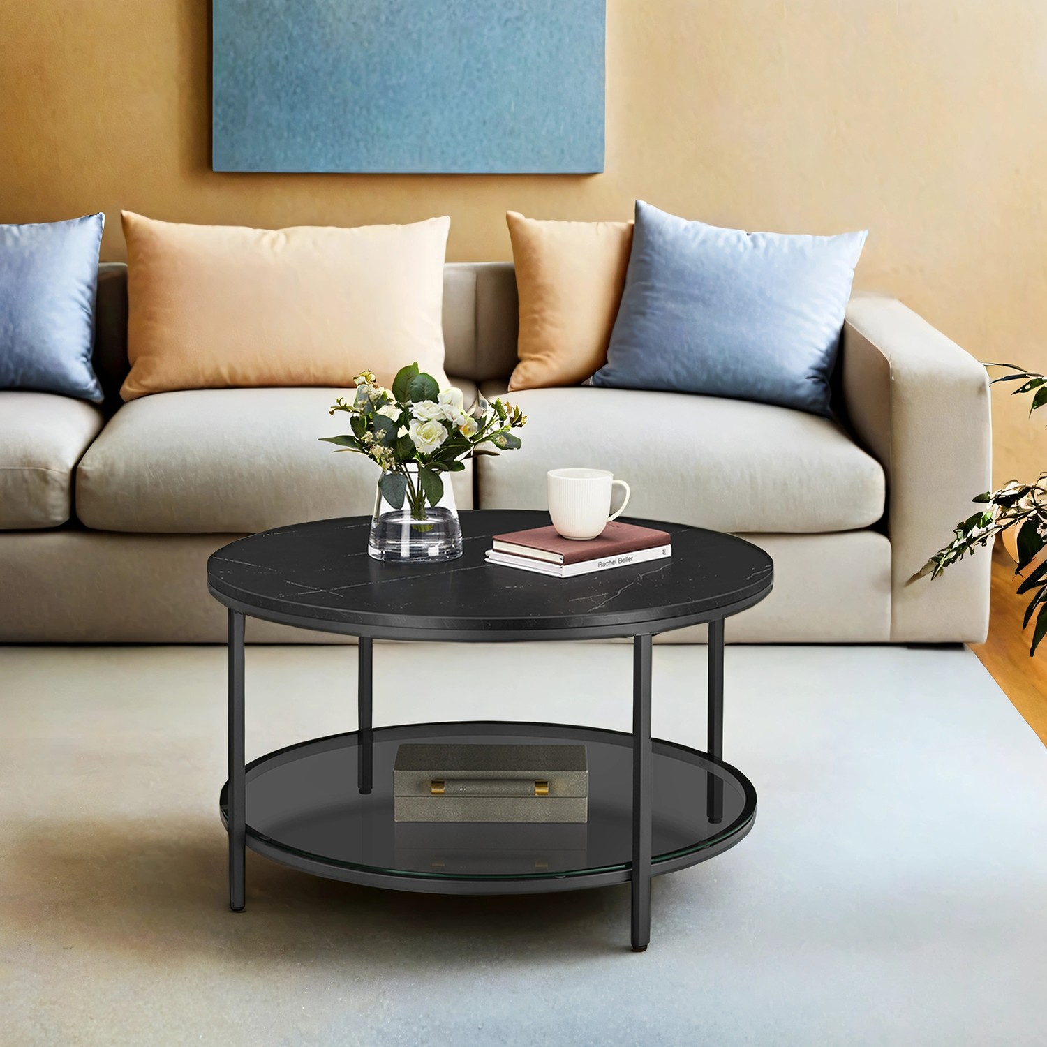 Coffee Table - VERRA Modern Round Cocktail Table with Metal Legs - Black - Indigo Home