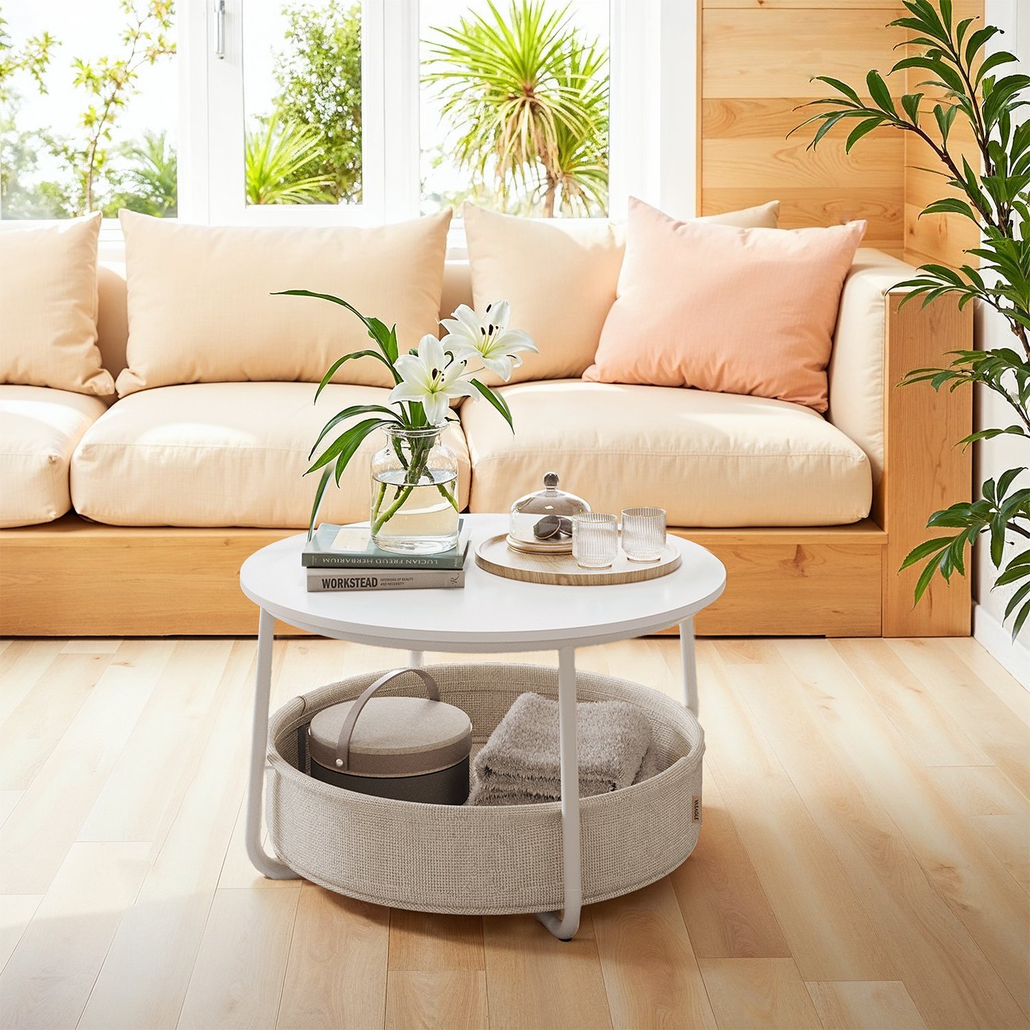Coffee Table - VERRA Round Center Table with Fabric Basket Modern Style - White - Indigo Home