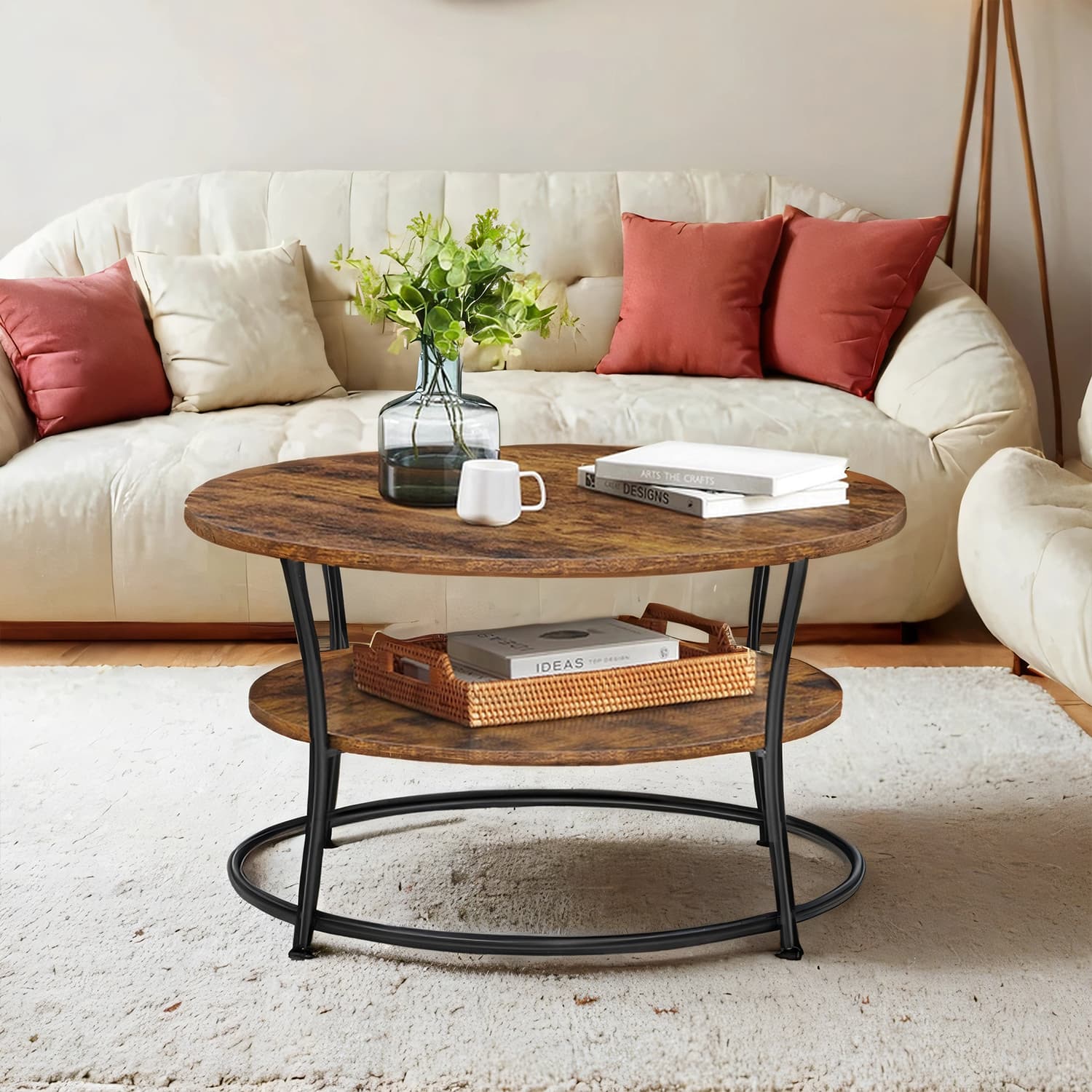 Coffee Table - VERRA Round Cocktail Table with Shelf - Brown Black - Indigo Home