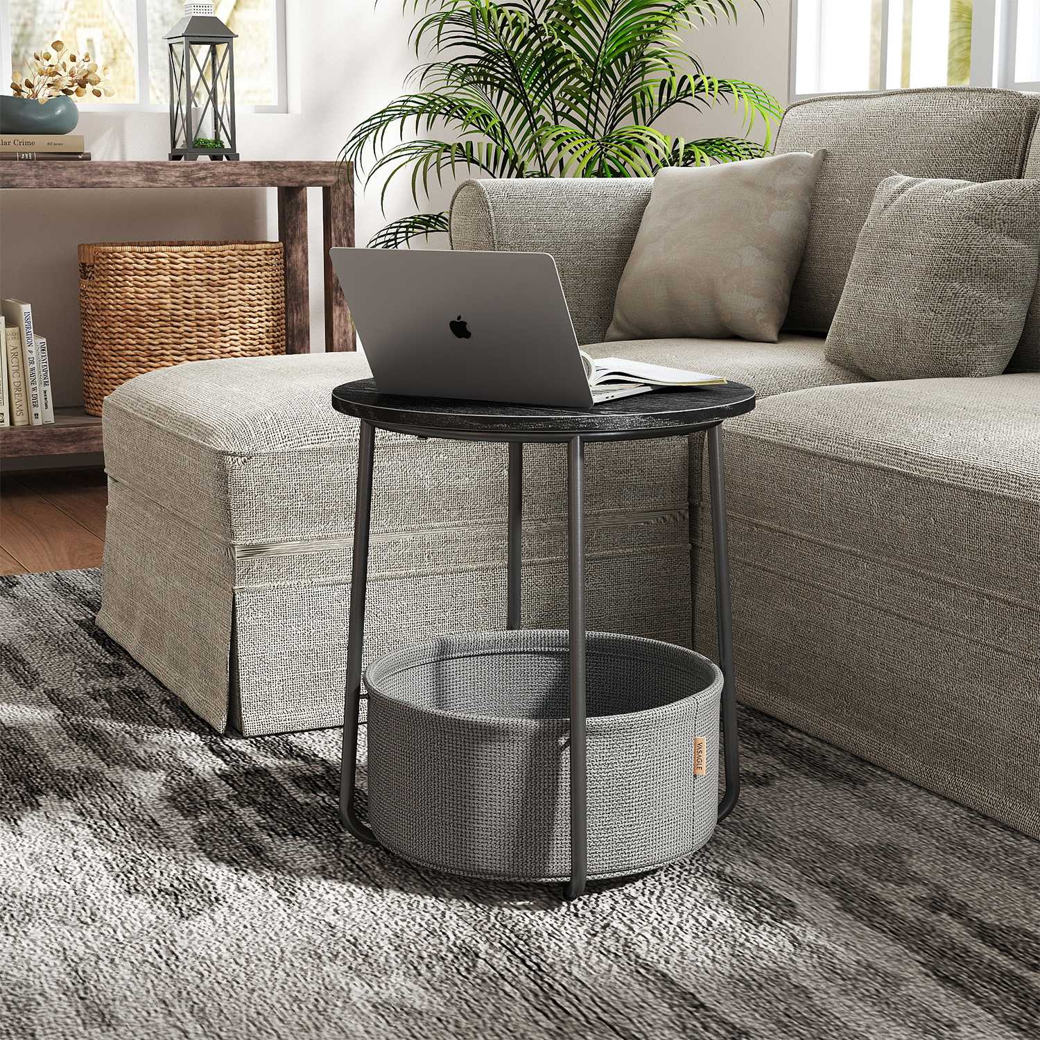 Side Table - VERRA Round End Table with Fabric Basket - Ebony Black - Indigo Home