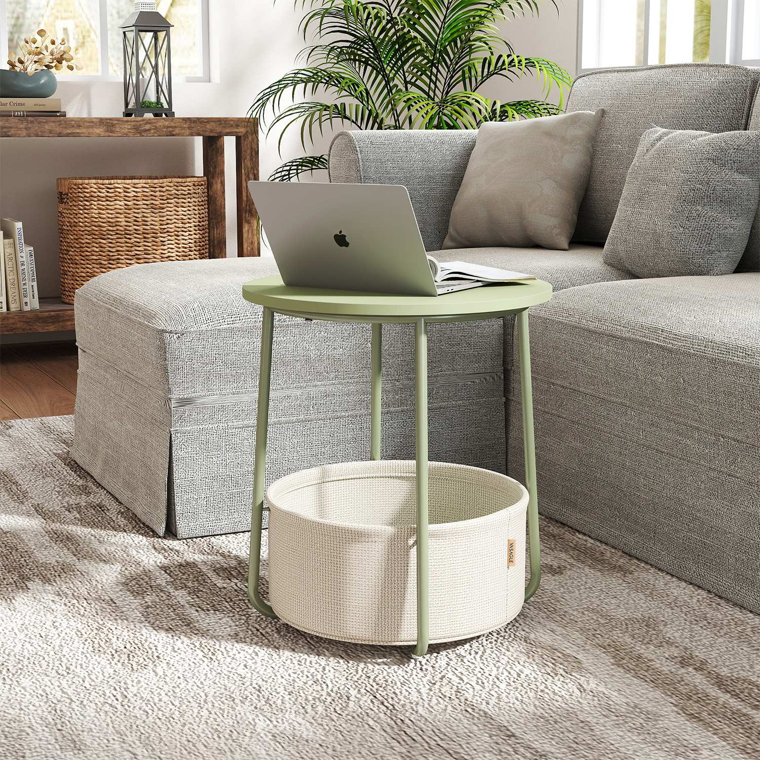 Side Table - VERRA Round End Table with Fabric Basket - Cream - Indigo Home