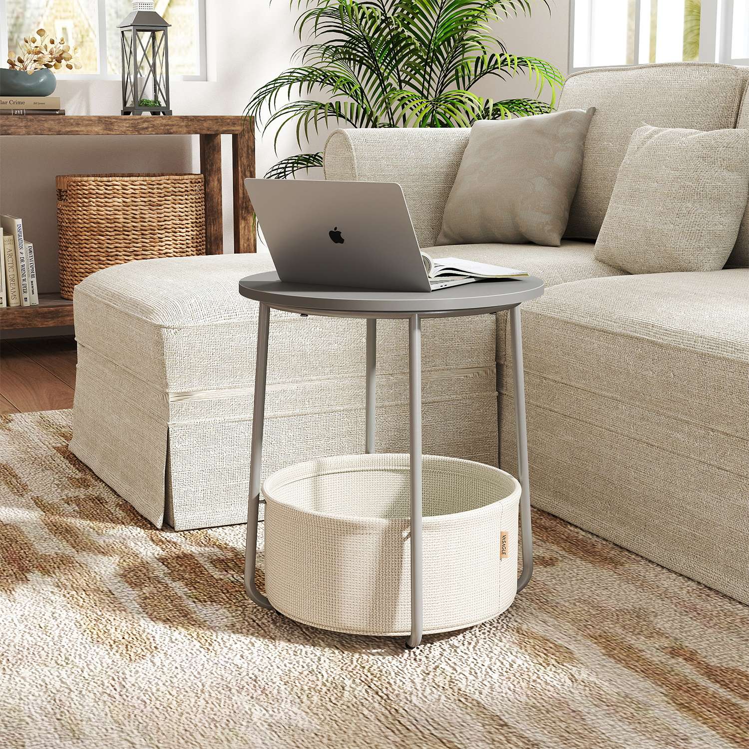 Side Table - VERRA Round End Table with Fabric Basket - Cement Grey - Indigo Home