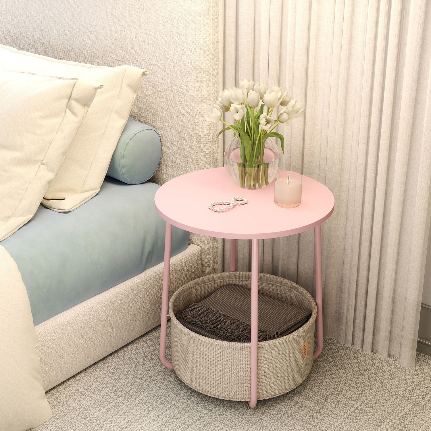 Side Table - VERRA Round End Table with Fabric Basket - Pink - Indigo Home