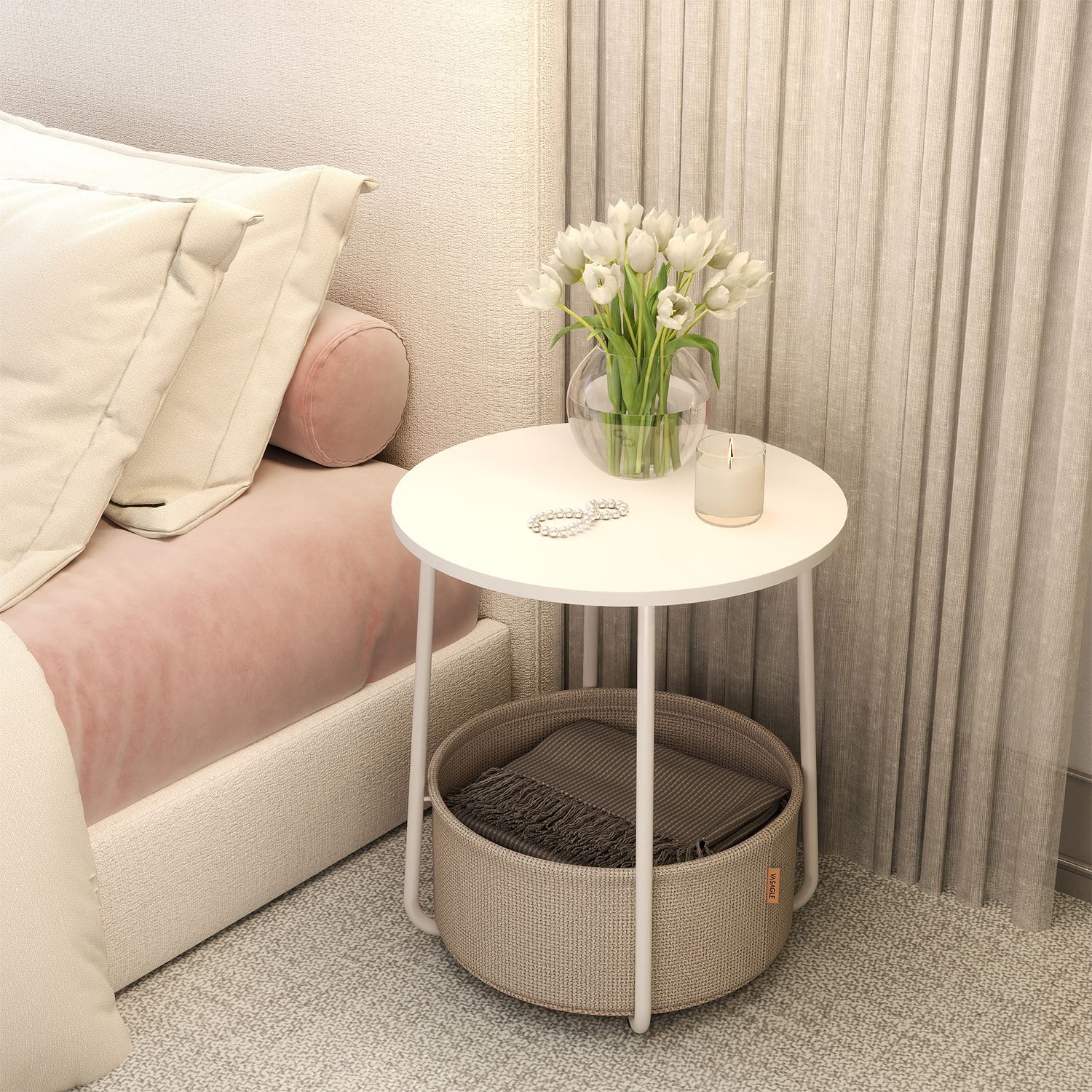 Side Table - VERRA Round End Table with Fabric Basket - White - Indigo Home