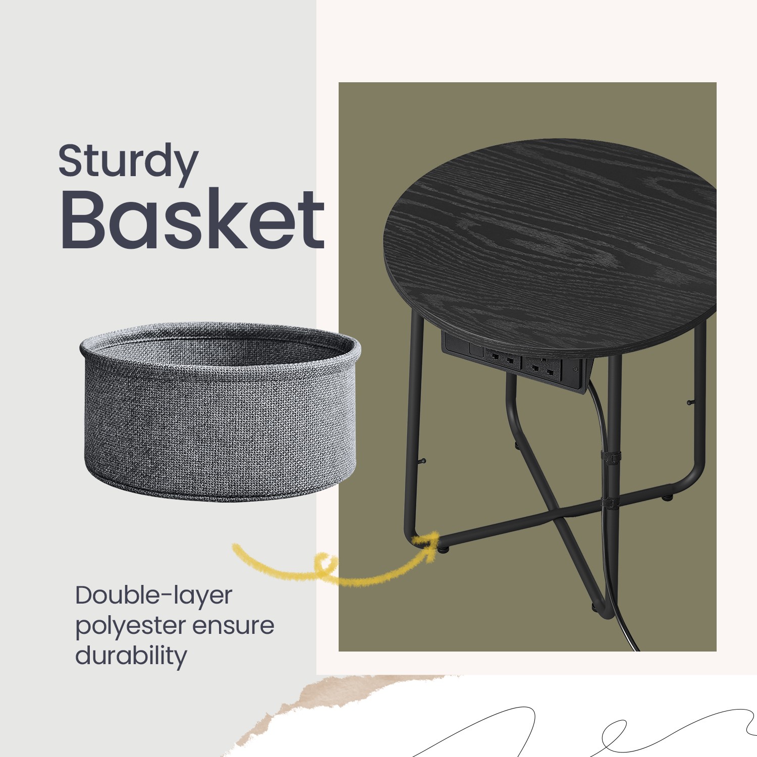DENABE Round Side Table with Fabric Basket - Black and Grey - Indigo Home