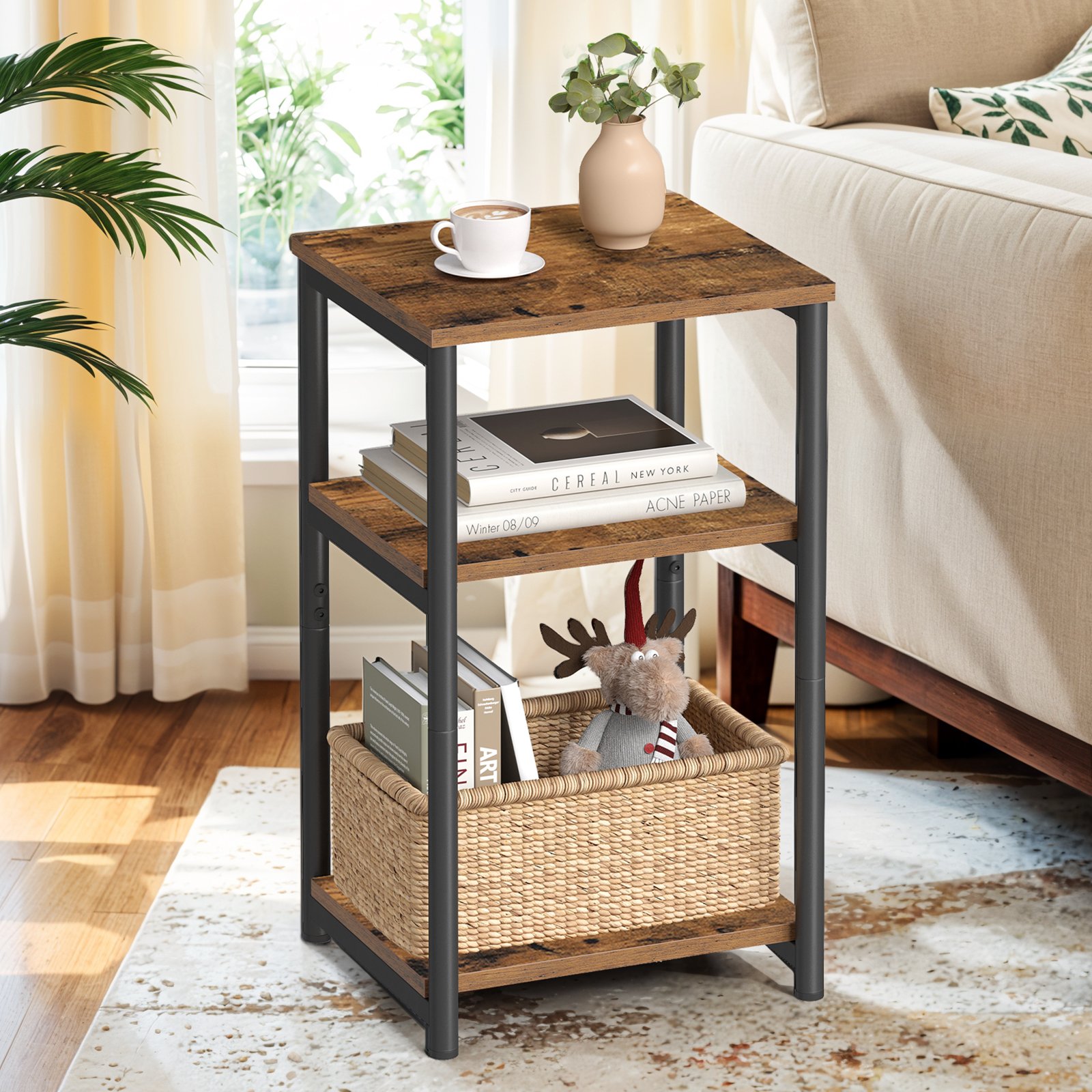 Side Table - VERRA Small End Table Tall Nightstand - Brown Black - Indigo Home