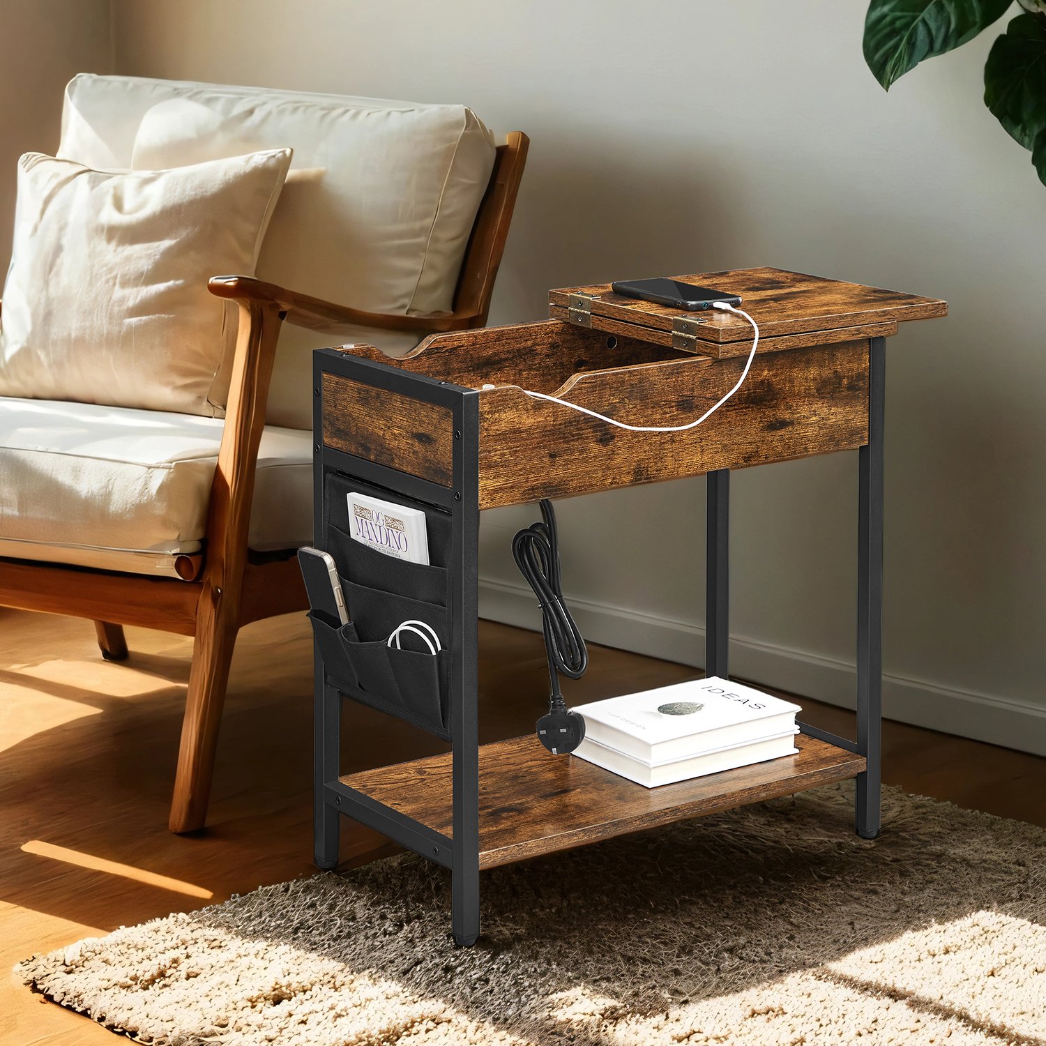 Side Table - VERRA Slim Charging Station USB Ports Storage - Black - Indigo Home