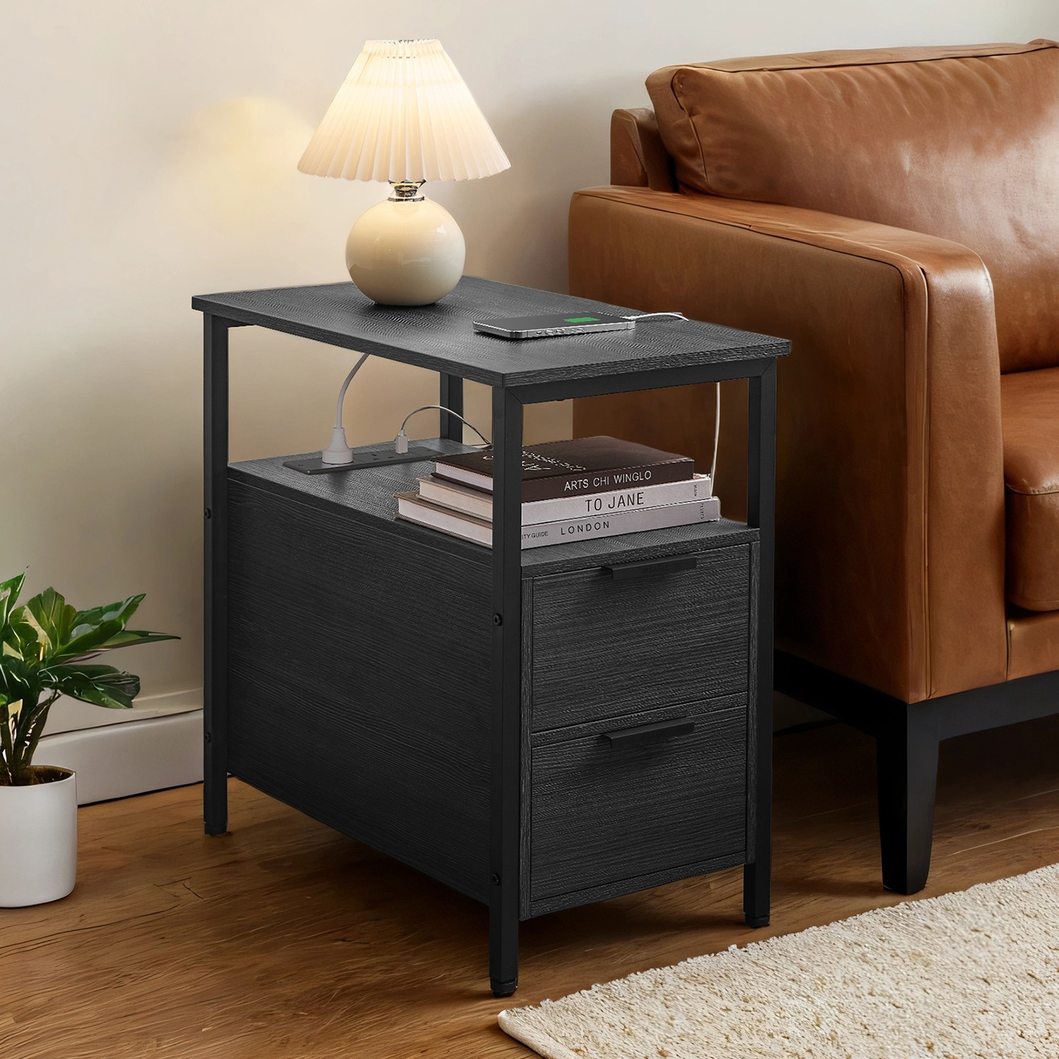 Side Table - VERRA Slim Bedside Table with Charging Station 2 Drawers - Brown - Indigo Home