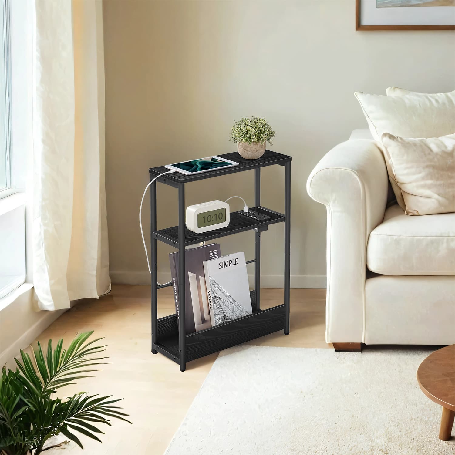 Side Table - VERRA Charging Station 3 Tier Narrow End Table with Magazine Rack - Black - Indigo Home