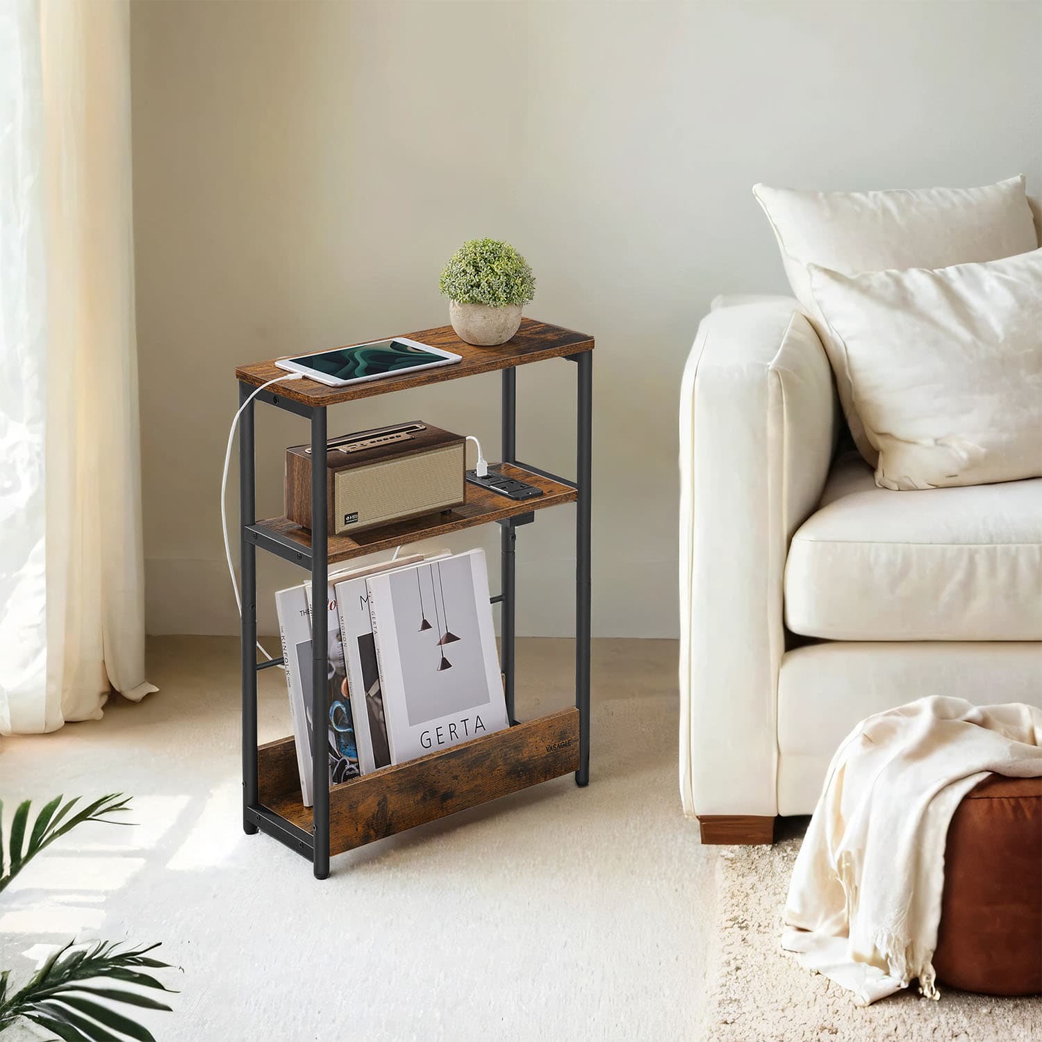 Side Table - VERRA Charging Station 3 Tier Narrow End Table with Magazine Rack - Brown - Indigo Home