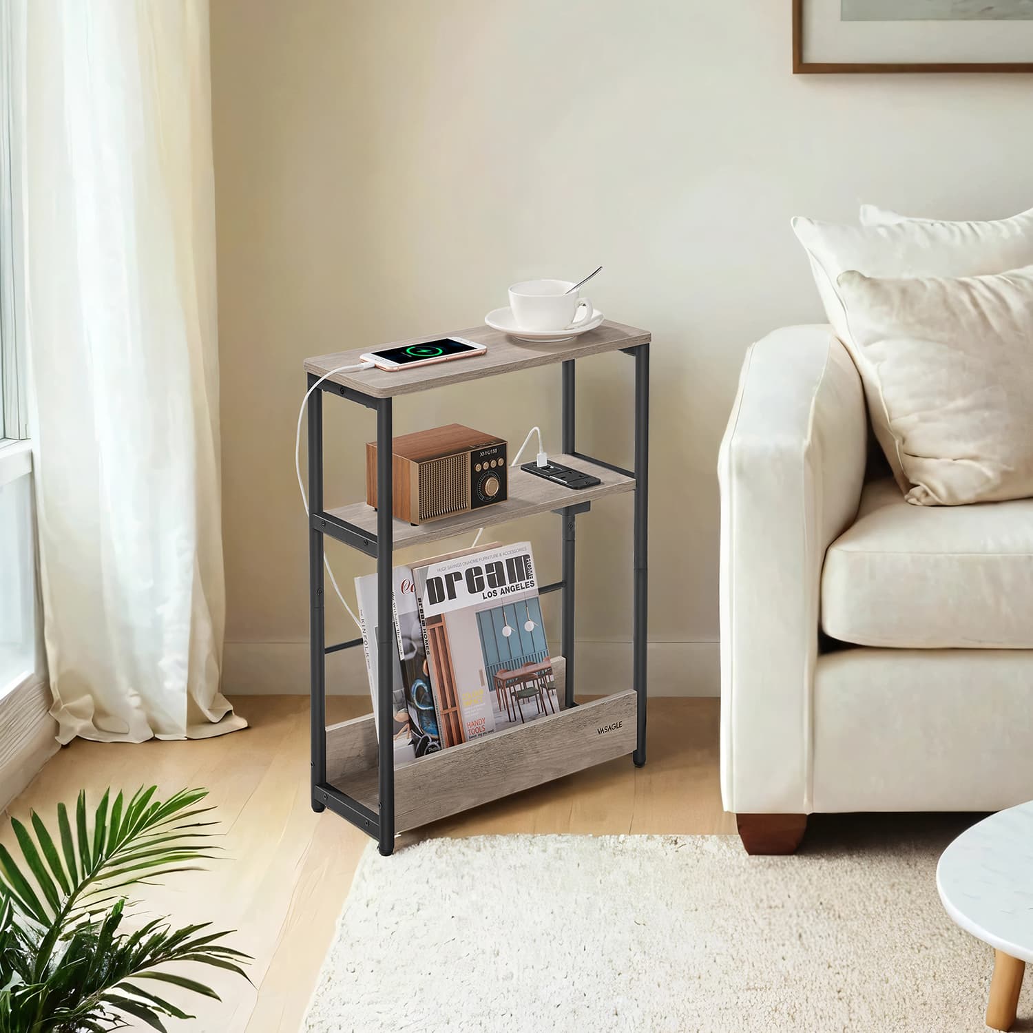 Side Table - VERRA Charging Station 3 Tier Narrow End Table with Magazine Rack - Light Grey - Indigo Home