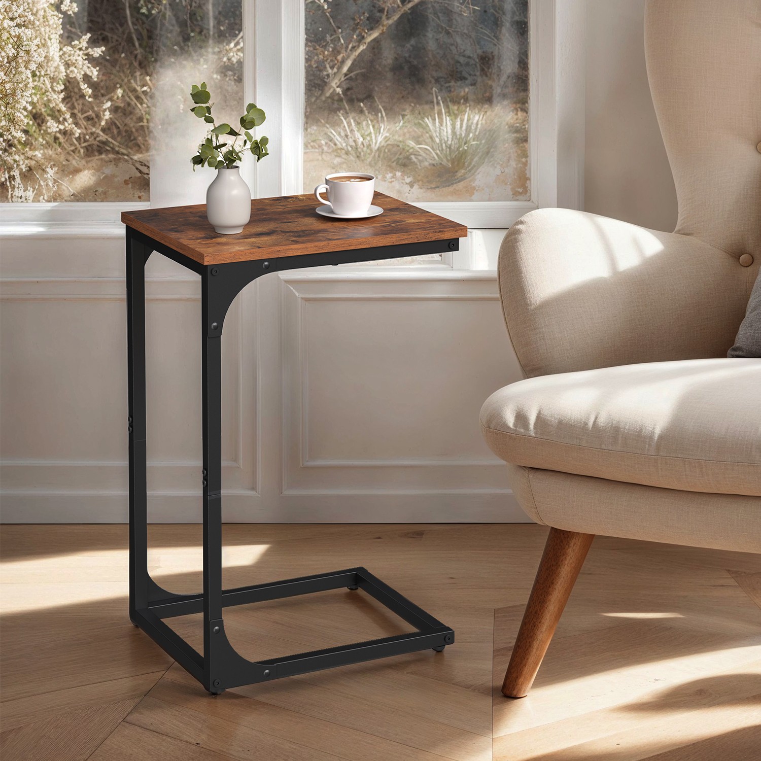 Sofa Table - VERRA C-Shaped Metal Frame End Table - Rustic Brown - Indigo Home