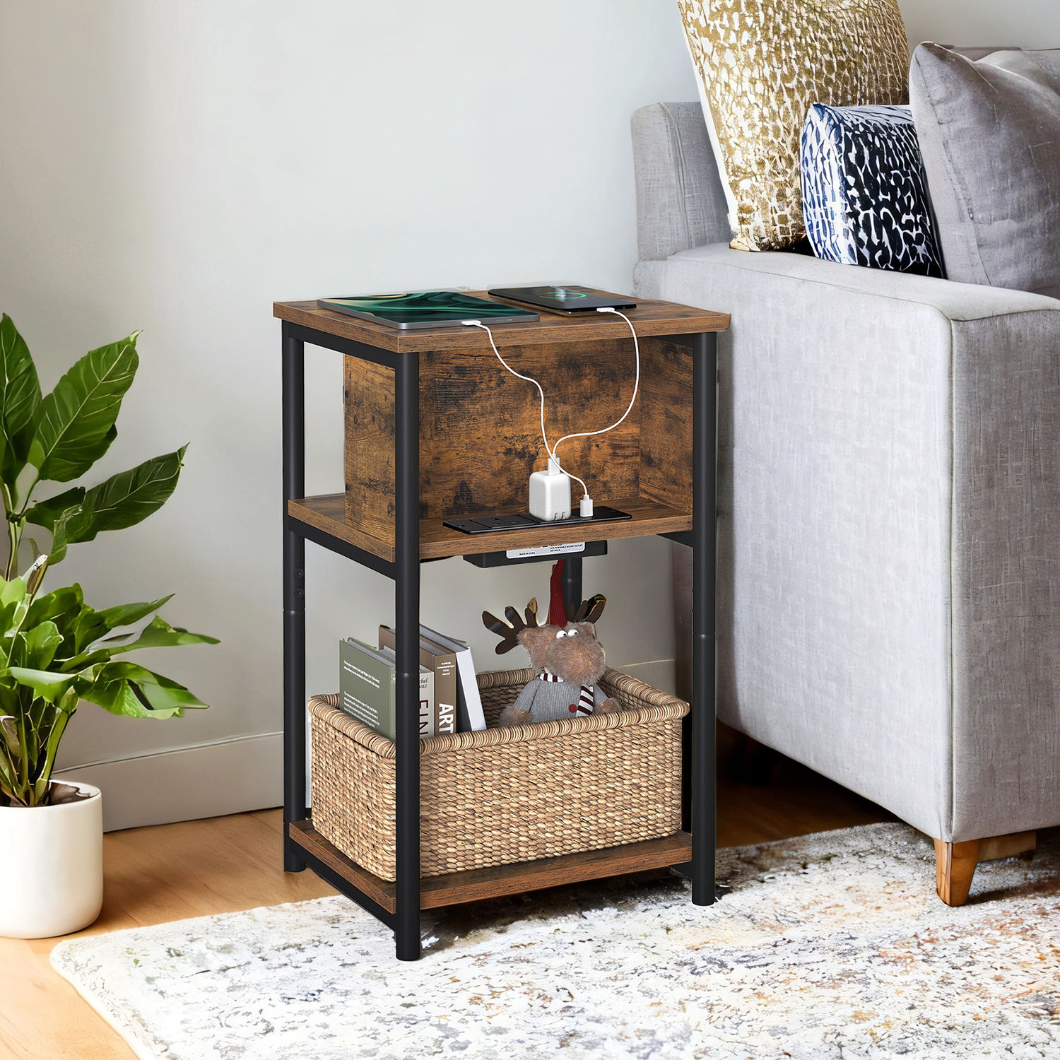 Side Table - VERRA Slim Charging Station Table 2 AC + 2 USB Outlets 30 x 34 x 58 cm - Rustic Brown - Indigo Home