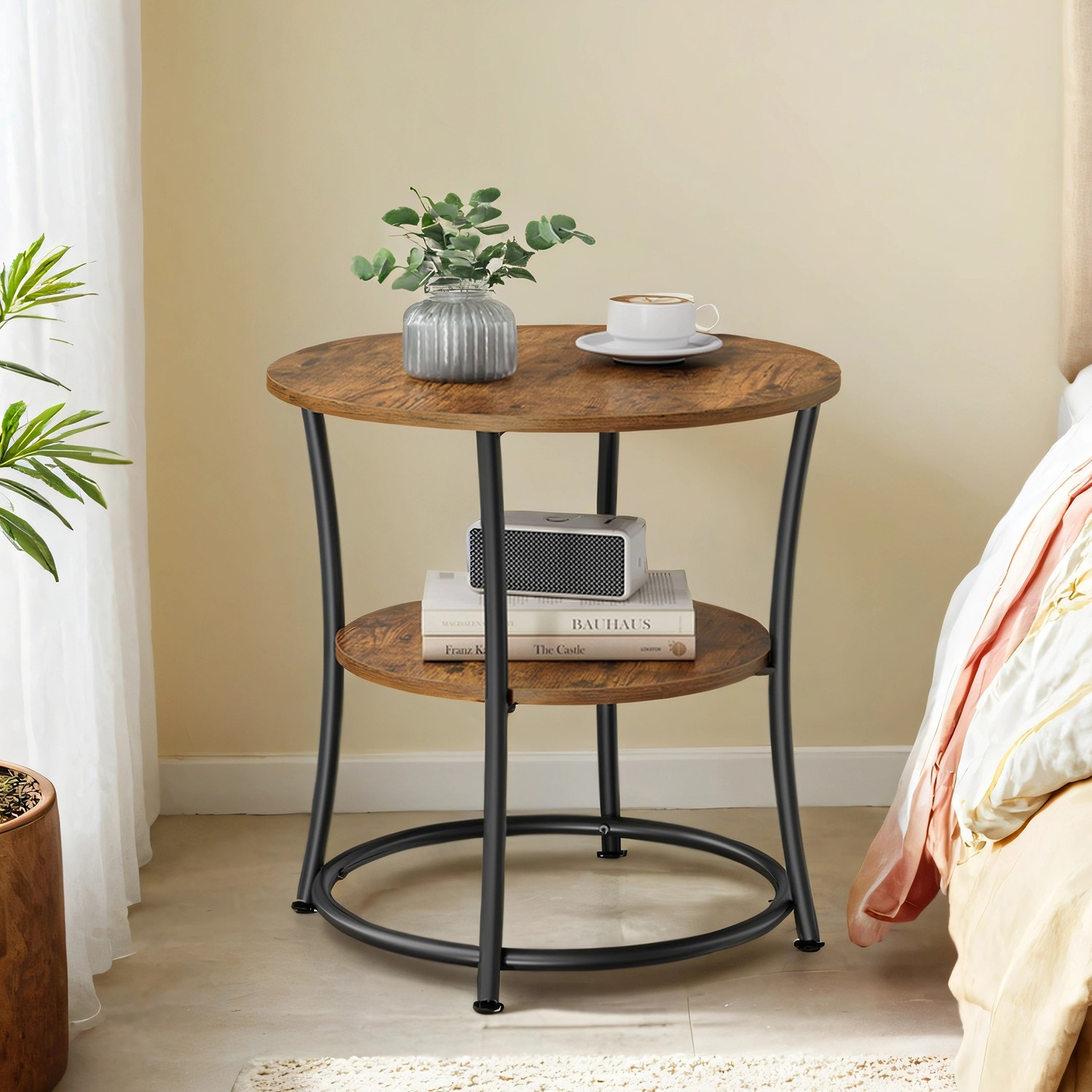 Side Table - VERRA 2 Tier Round End Table Bedside Table for Small Space - Rustic Brown - Indigo Home