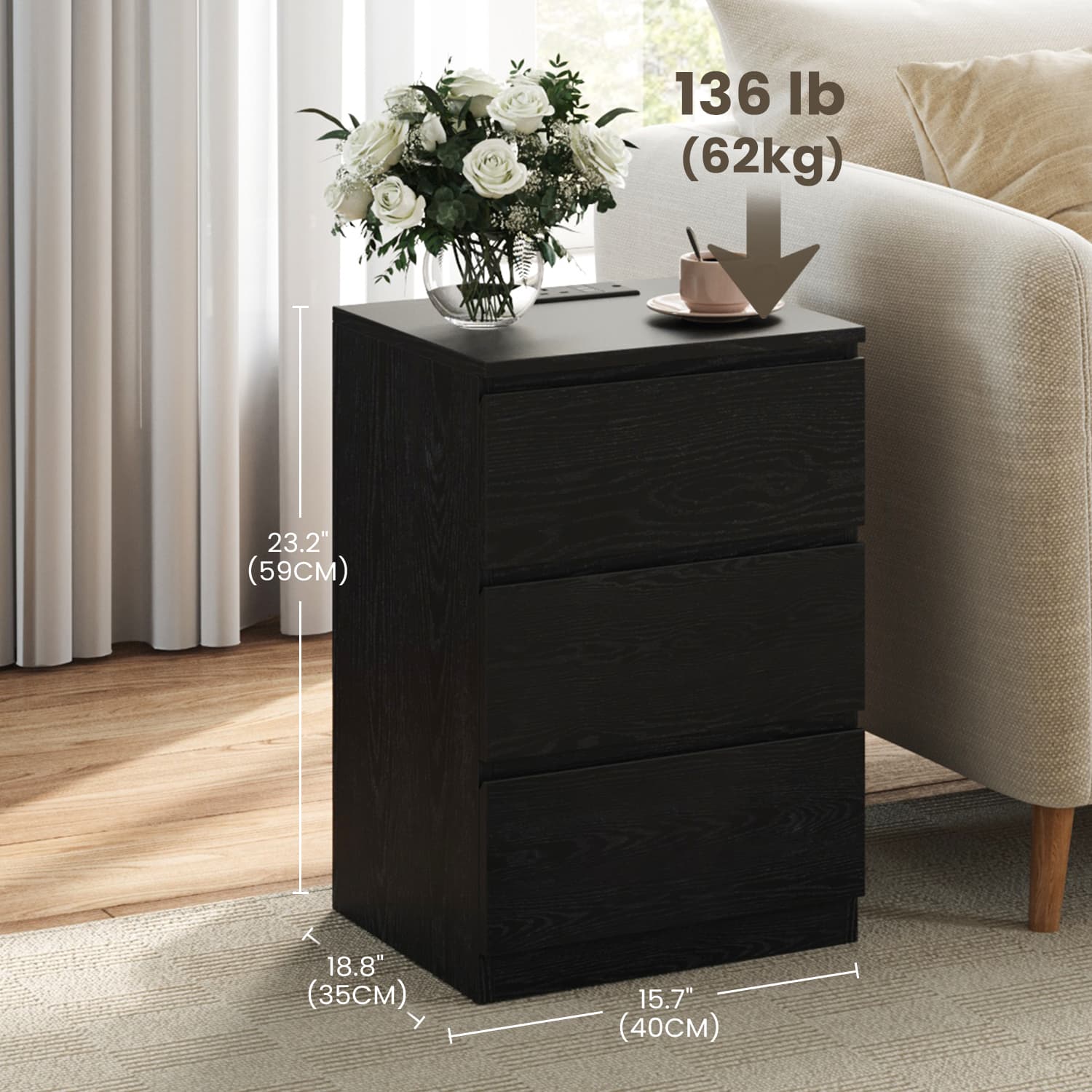 Nightstand - VERRA Charging Station 3 Drawer - Black - Indigo Home