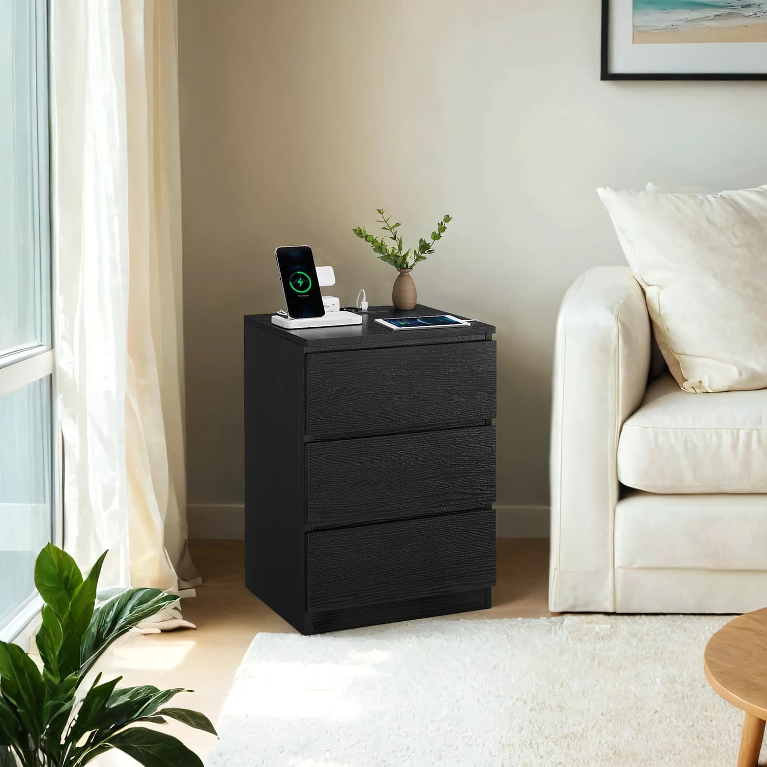 Bedside Tables - VERRA Set of 2 with Charging Station 3 Drawer - Black - Indigo Home