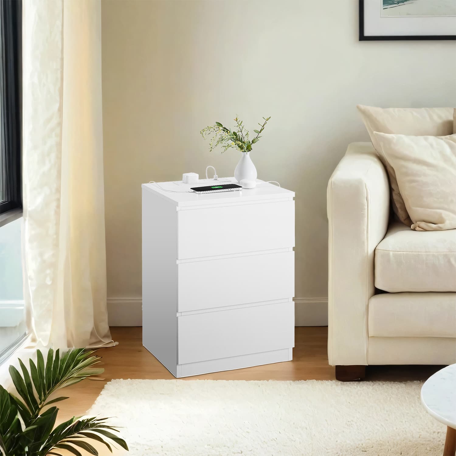 Bedside Tables - VERRA Set of 2 with Charging Station 3 Drawer - White - Indigo Home