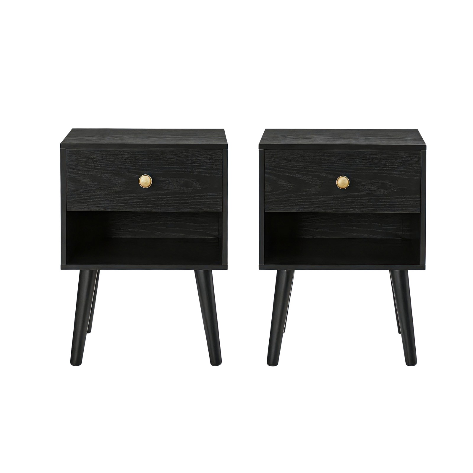GLOVIN Bedside Table with Storage Drawer and Open Shelf Set of 2 - Black - Indigo Home