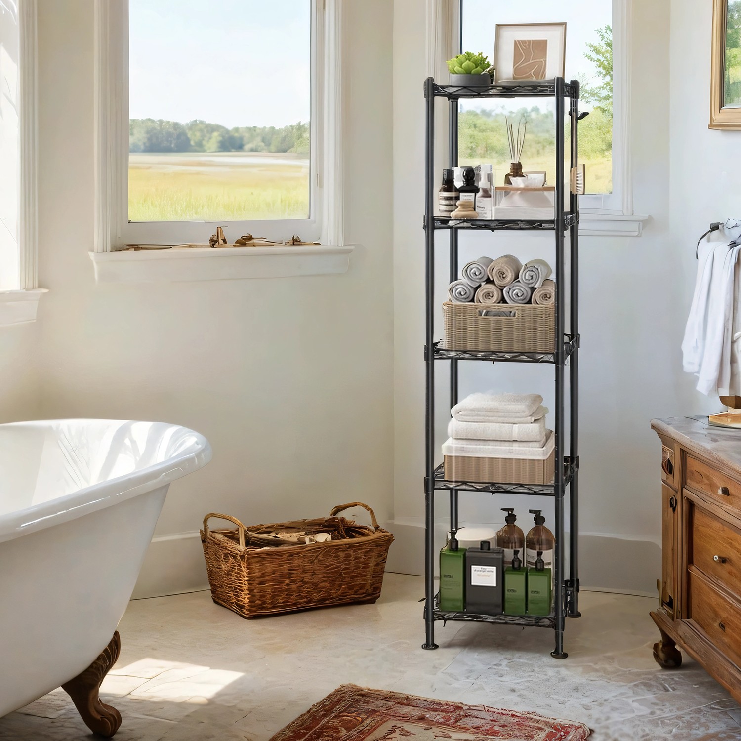 Bathroom Shelf - VERRA 5 Tier Storage Rack with PP Shelf Liner - Black - Indigo Home