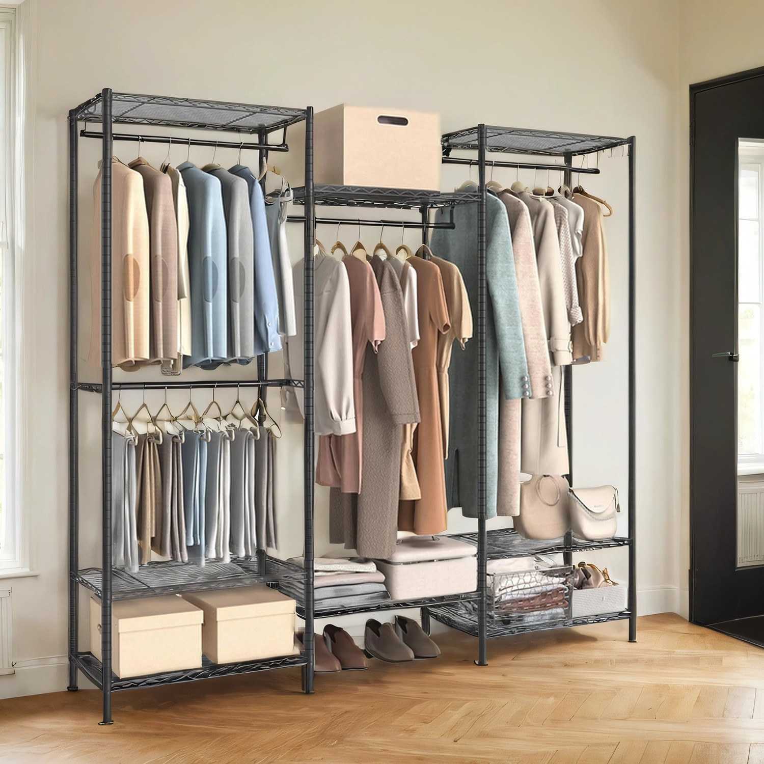 Portable Wardrobe - VERRA Portable Open Metal Clothes Rack with Adjustable Shelves and Hanging Rail - Black - Indigo Home