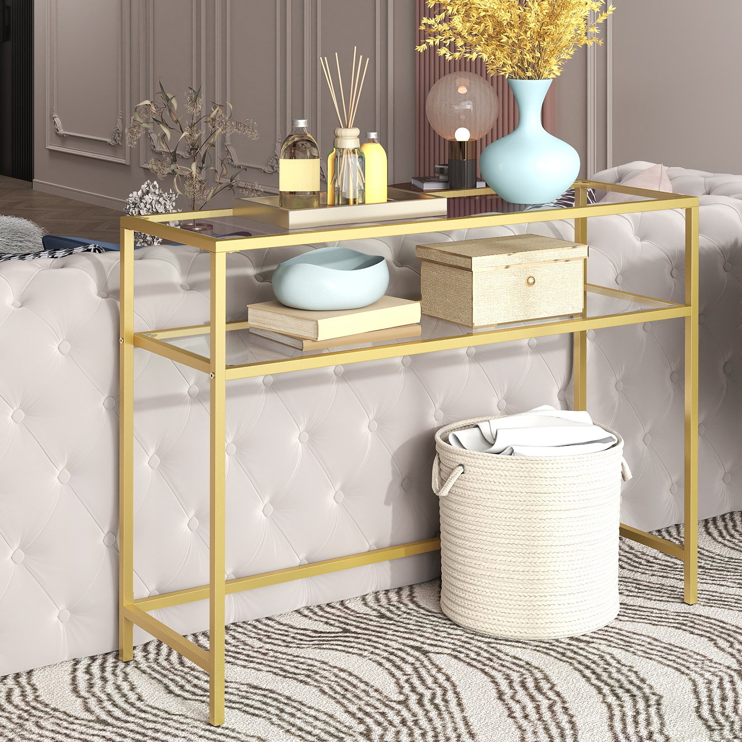 Console Table - VERRA Dual Tier Tempered Glass Console Table - Gold - Indigo Home