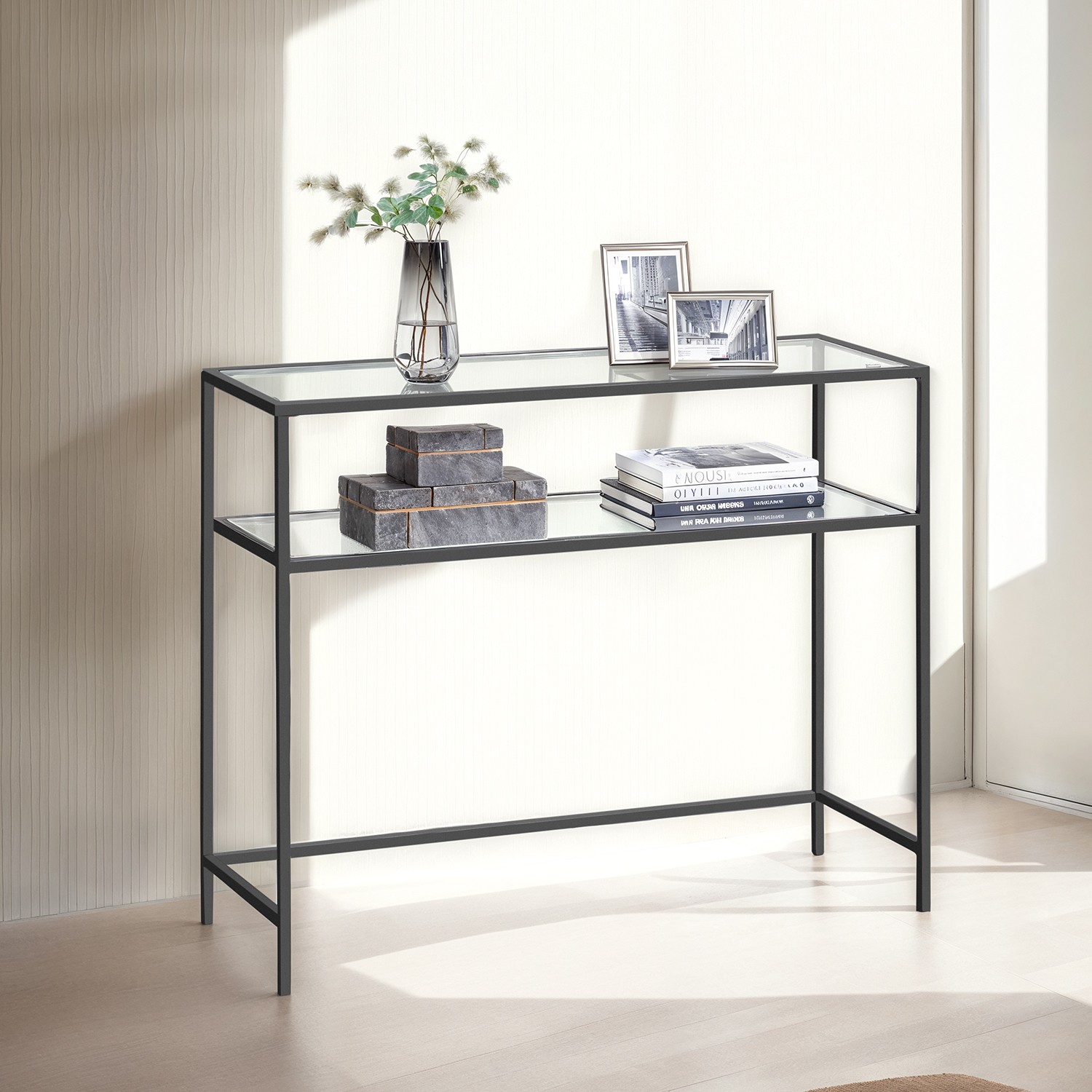 Console Table - VERRA Dual Tier Tempered Glass Tabletop - Black - Indigo Home