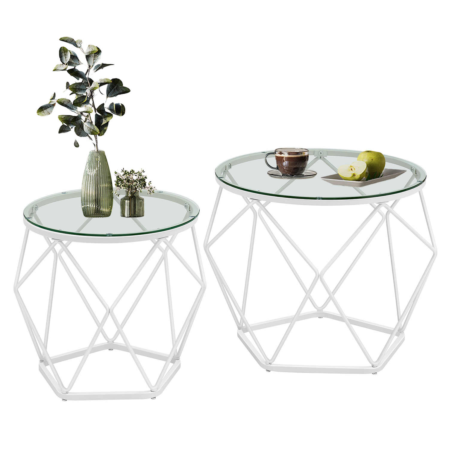 EARORY Set of 2 Round Coffee Tables - Transparent and Cloud White - Indigo Home