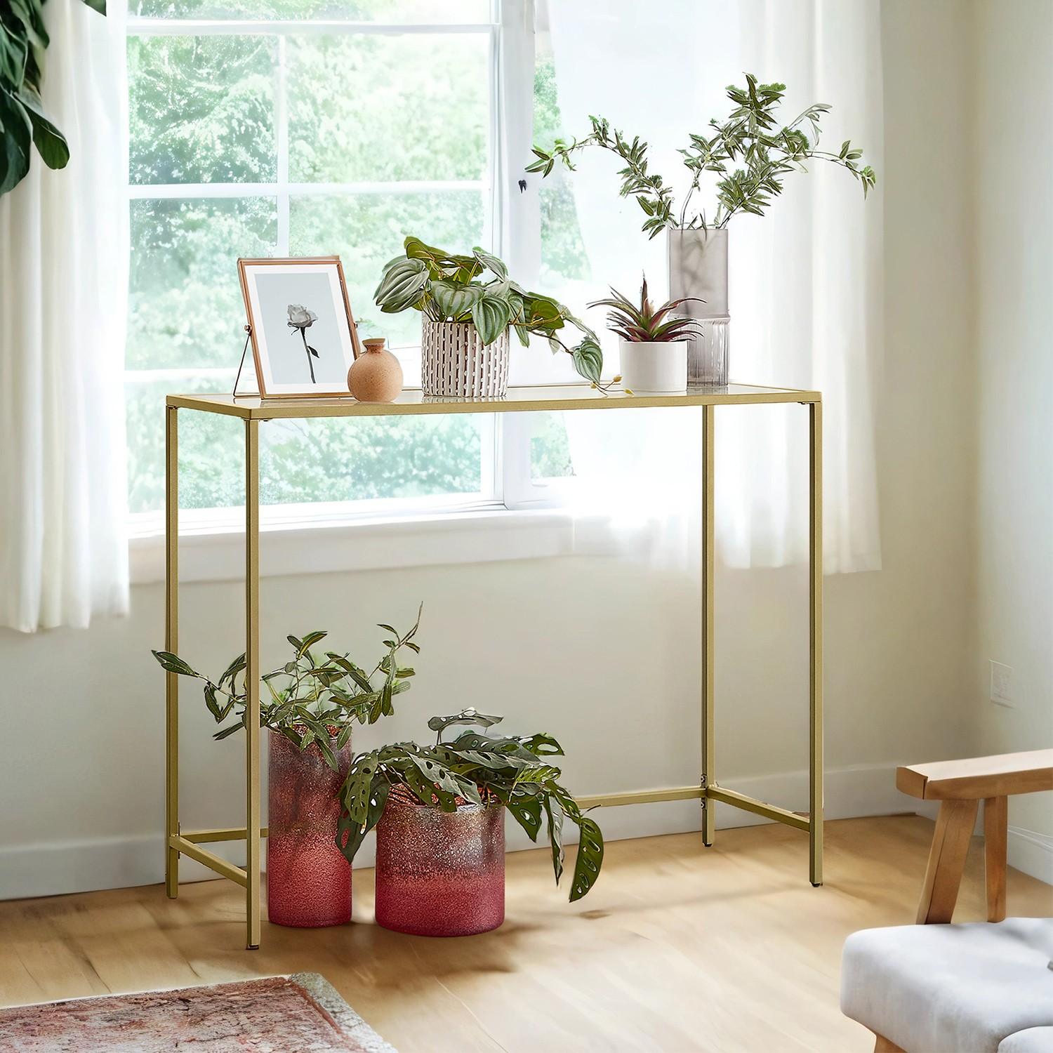 Console Table - VERRA Side Table Tempered Glass Tabletop - Gold - Indigo Home