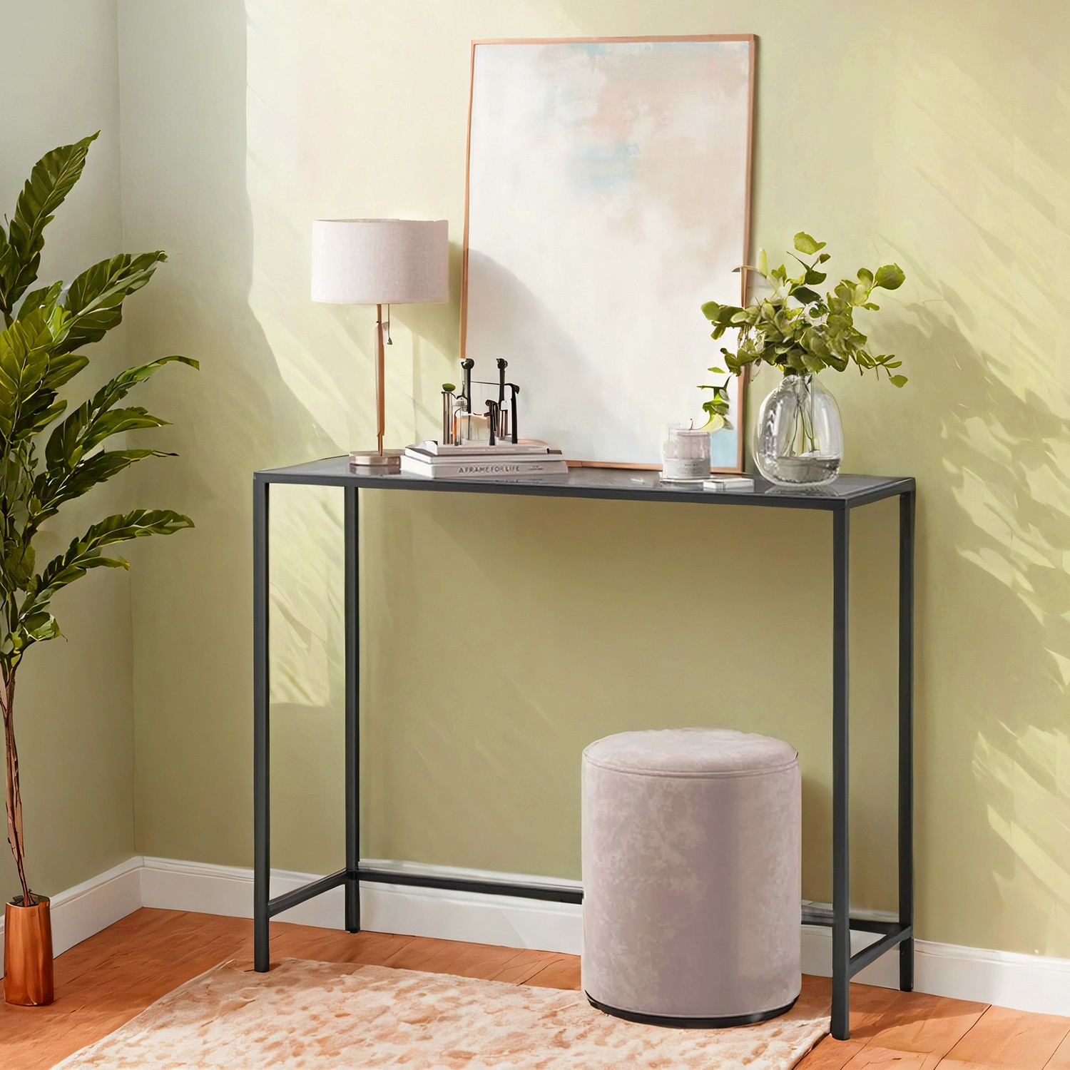 Console Table - VERRA Small Table with Tempered Glass Tabletop - Black - Indigo Home