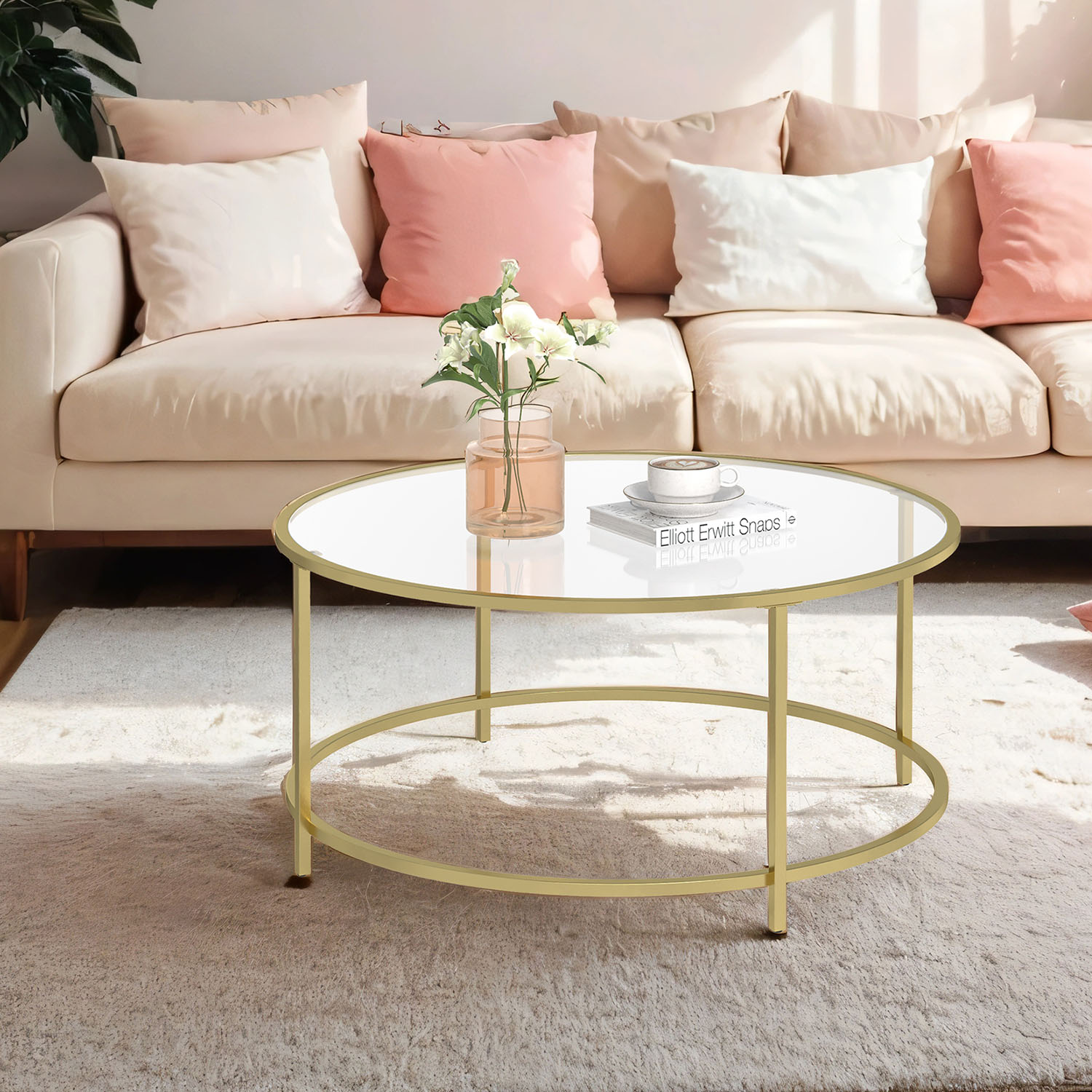 Coffee Table - VERRA Round Glass Metal Frame Table - Gold White - Indigo Home