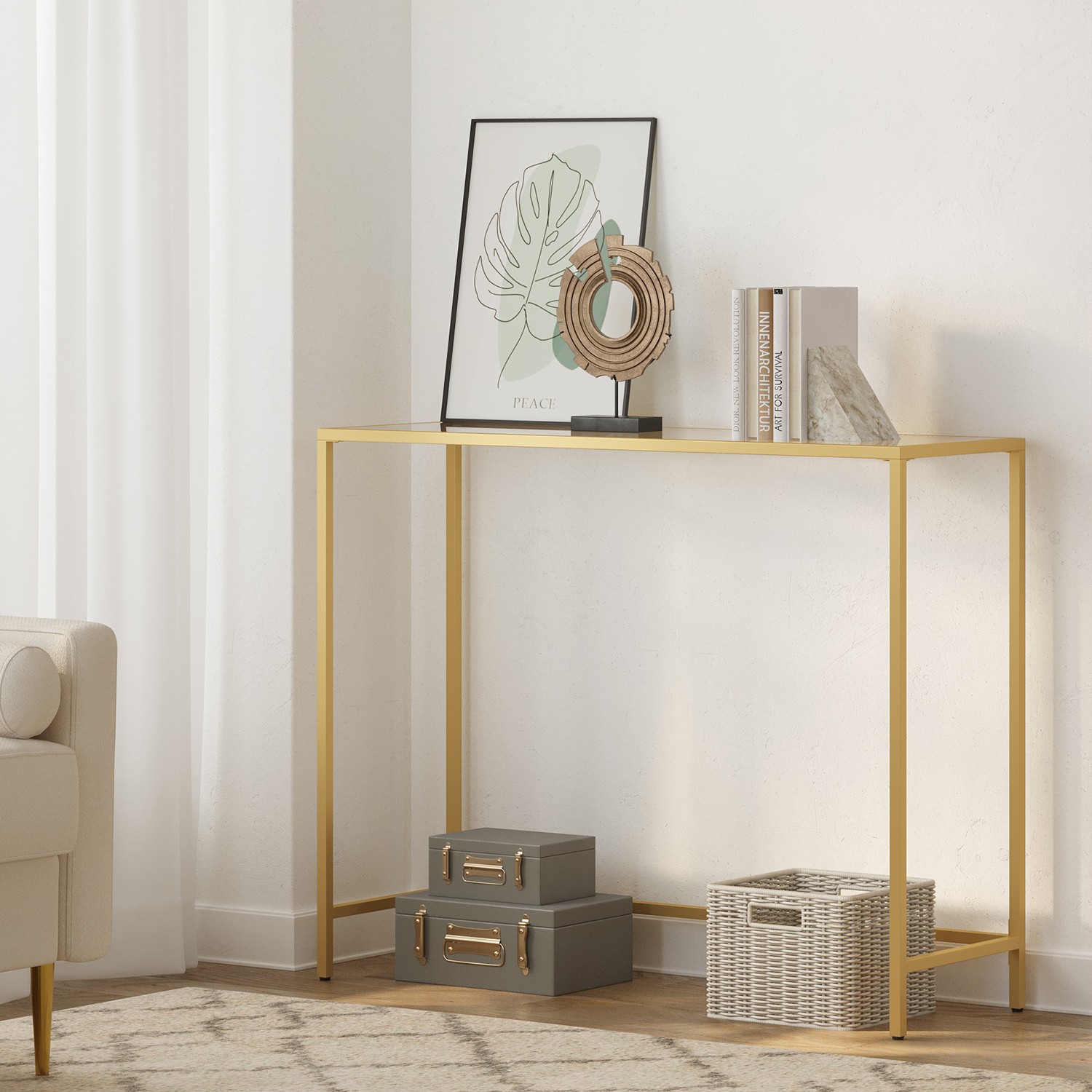 Console Table - VERRA Large Tempered Glass Tabletop Console Table - Gold - Indigo Home