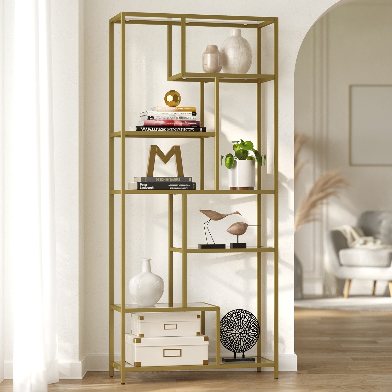 Bookshelf - VERRA 6 Tier Tall Display Shelf Gold - Indigo Home