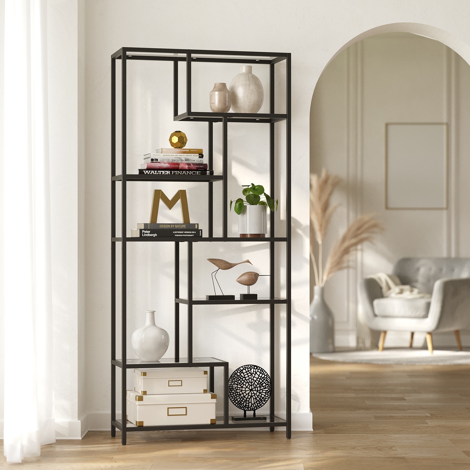 Bookshelf - VERRA 6 Tier Tall Display Shelf - Black - Indigo Home